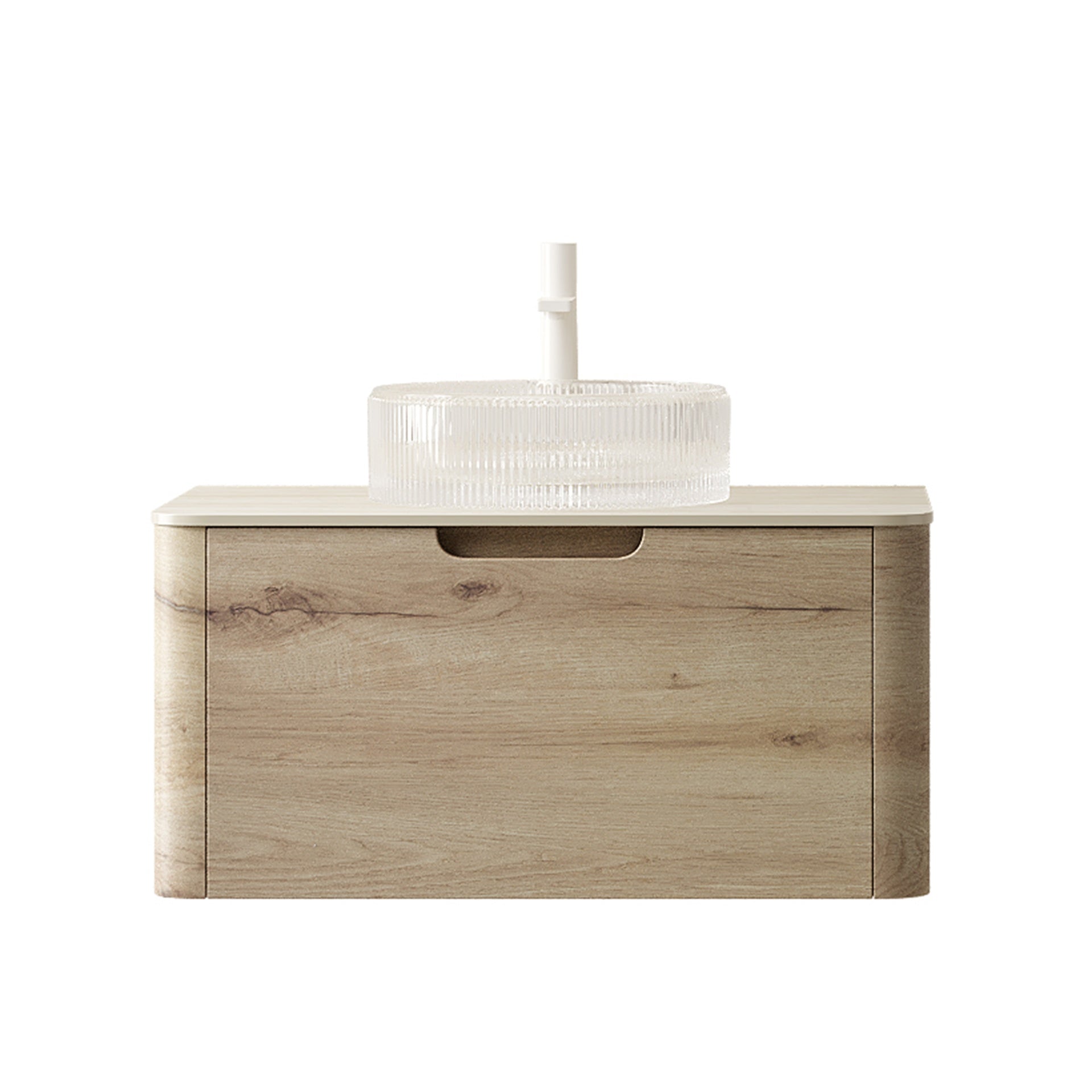 XAI 30" Bathroom Vanity with Sink, Floating Plywood Storage Cabinet with Drawer, Transparent Round Glass Basin and Roma Travertine-Pattern Sintered Stone Top, Pre-assembled, White Oak Woodgrain Color