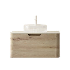 XAI 30" Bathroom Vanity with Sink, Floating Plywood Storage Cabinet with Drawer, Transparent Round Glass Basin and Roma Travertine-Pattern Sintered Stone Top, Pre-assembled, White Oak Woodgrain Color