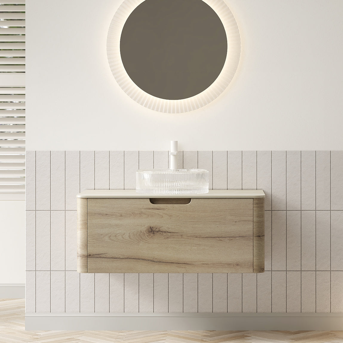 XAI 36" Bathroom Vanity with Sink, Floating Plywood Storage Cabinet with Drawer, Transparent Round Glass Basin and Roma Travertine-Pattern Sintered Stone Top, Pre-assembled, White Oak Woodgrain Color