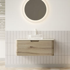 XAI 36" Bathroom Vanity with Sink, Floating Plywood Storage Cabinet with Drawer, Transparent Round Glass Basin and Roma Travertine-Pattern Sintered Stone Top, Pre-assembled, White Oak Woodgrain Color