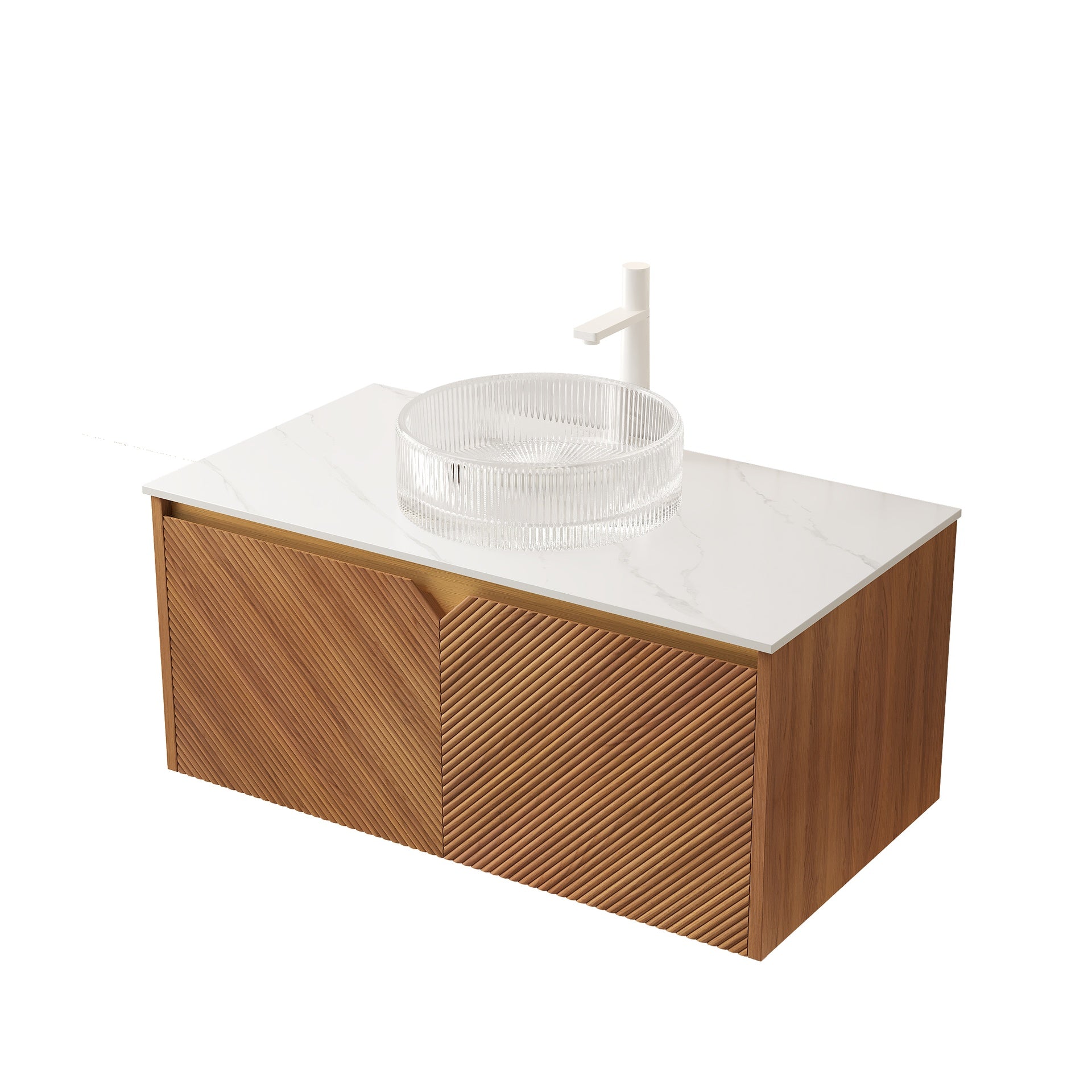 RUBEN 36" Bathroom Vanity&Sink, Floating Plywood Storage Cabinet, Twill Double Doors with Metal Trim, Transparent Round Glass Vessl Basin&Carrara White Sintered Stone Top, Brown Oak Woodgrain Color