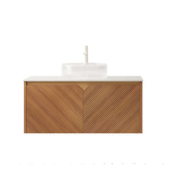 RUBEN 36" Bathroom Vanity&Sink, Floating Plywood Storage Cabinet, Twill Double Doors with Metal Trim, Transparent Round Glass Vessl Basin&Carrara White Sintered Stone Top, Brown Oak Woodgrain Color