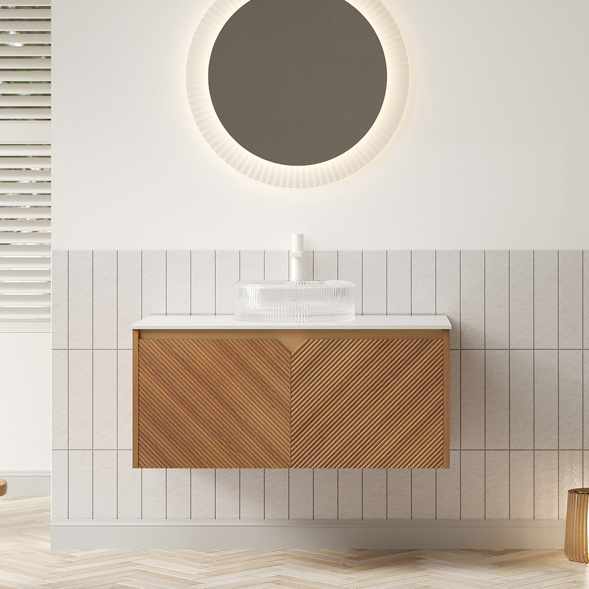 RUBEN 36" Bathroom Vanity&Sink, Floating Plywood Storage Cabinet, Twill Double Doors with Metal Trim, Transparent Round Glass Vessl Basin&Carrara White Sintered Stone Top, Brown Oak Woodgrain Color