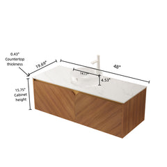 RUBEN 48" Bathroom Vanity&Sink, Floating Plywood Storage Cabinet, Twill Double Doors with Metal Trim, Transparent Round Glass Vessl Basin&Carrara White Sintered Stone Top, Brown Oak Woodgrain Color
