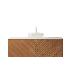 RUBEN 48" Bathroom Vanity&Sink, Floating Plywood Storage Cabinet, Twill Double Doors with Metal Trim, Transparent Round Glass Vessl Basin&Carrara White Sintered Stone Top, Brown Oak Woodgrain Color
