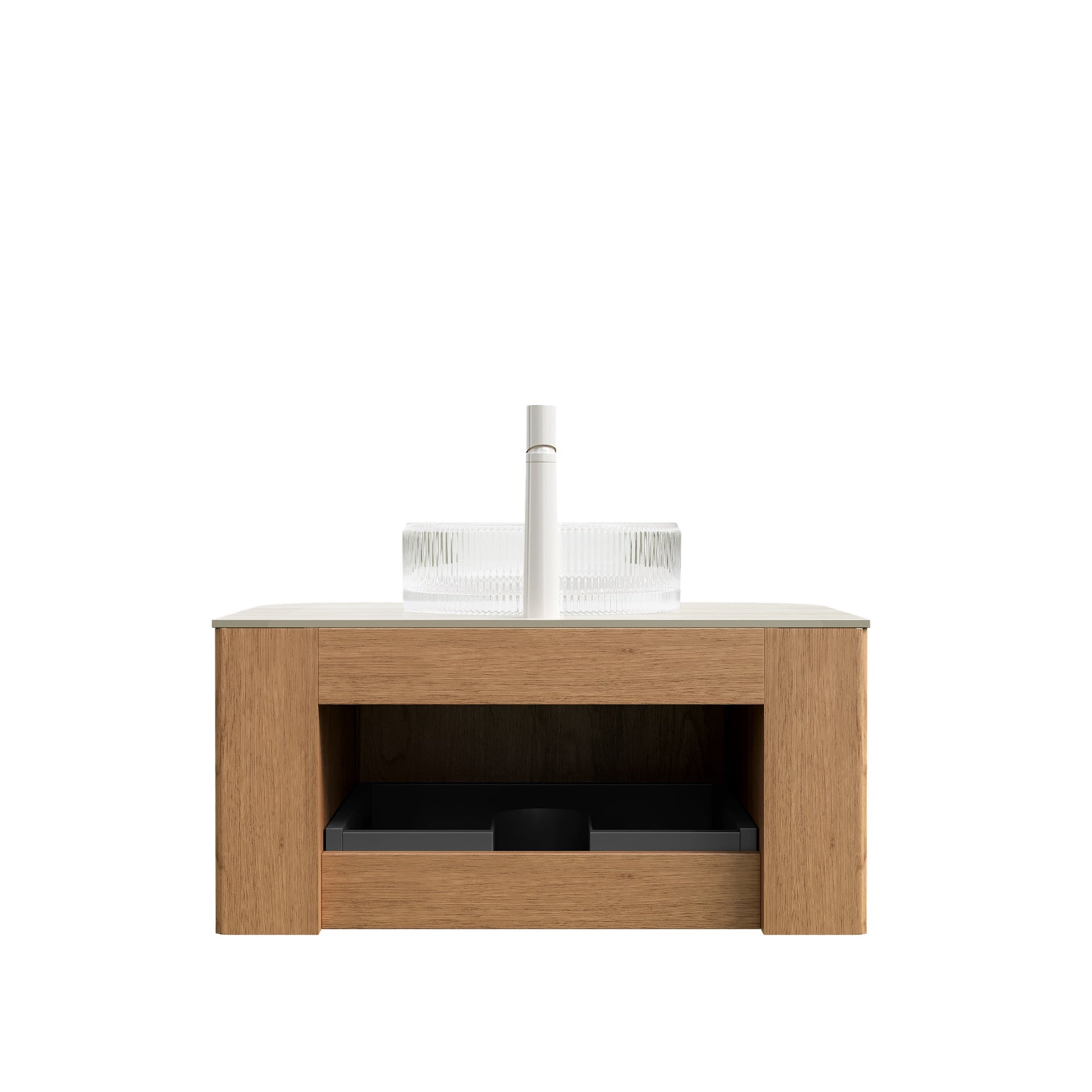 DINA 30" Bathroom Vanity&Sink, Floating Curved Edges Striped Storage Cabinet with Drawer, Transparent Round Glass Basin&Travertine-Pattern Sintered Stone Top, Pre-assembled, Natural Woodgrain Color
