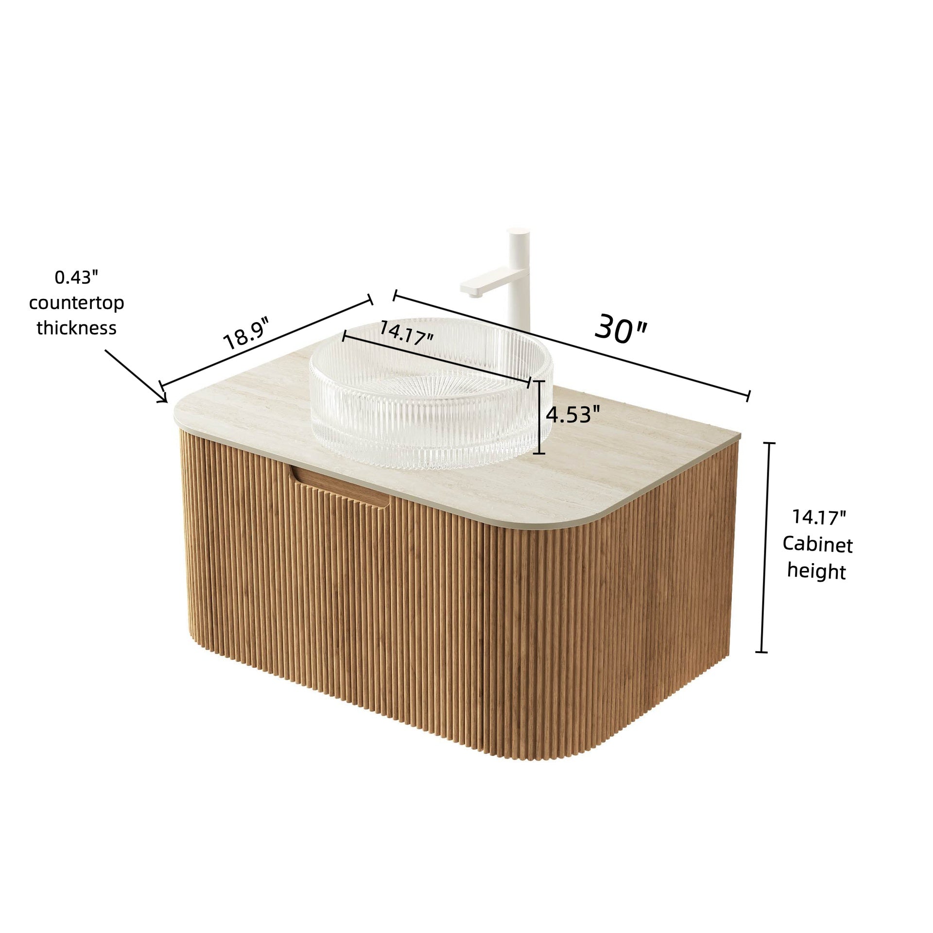 DINA 30" Bathroom Vanity&Sink, Floating Curved Edges Striped Storage Cabinet with Drawer, Transparent Round Glass Basin&Travertine-Pattern Sintered Stone Top, Pre-assembled, Natural Woodgrain Color