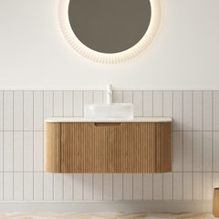 DINA 36" Bathroom Vanity&Sink, Floating Curved Edges Striped Storage Cabinet with Drawer, Transparent Round Glass Basin&Travertine-Pattern Sintered Stone Top, Pre-assembled, Natural Woodgrain Color