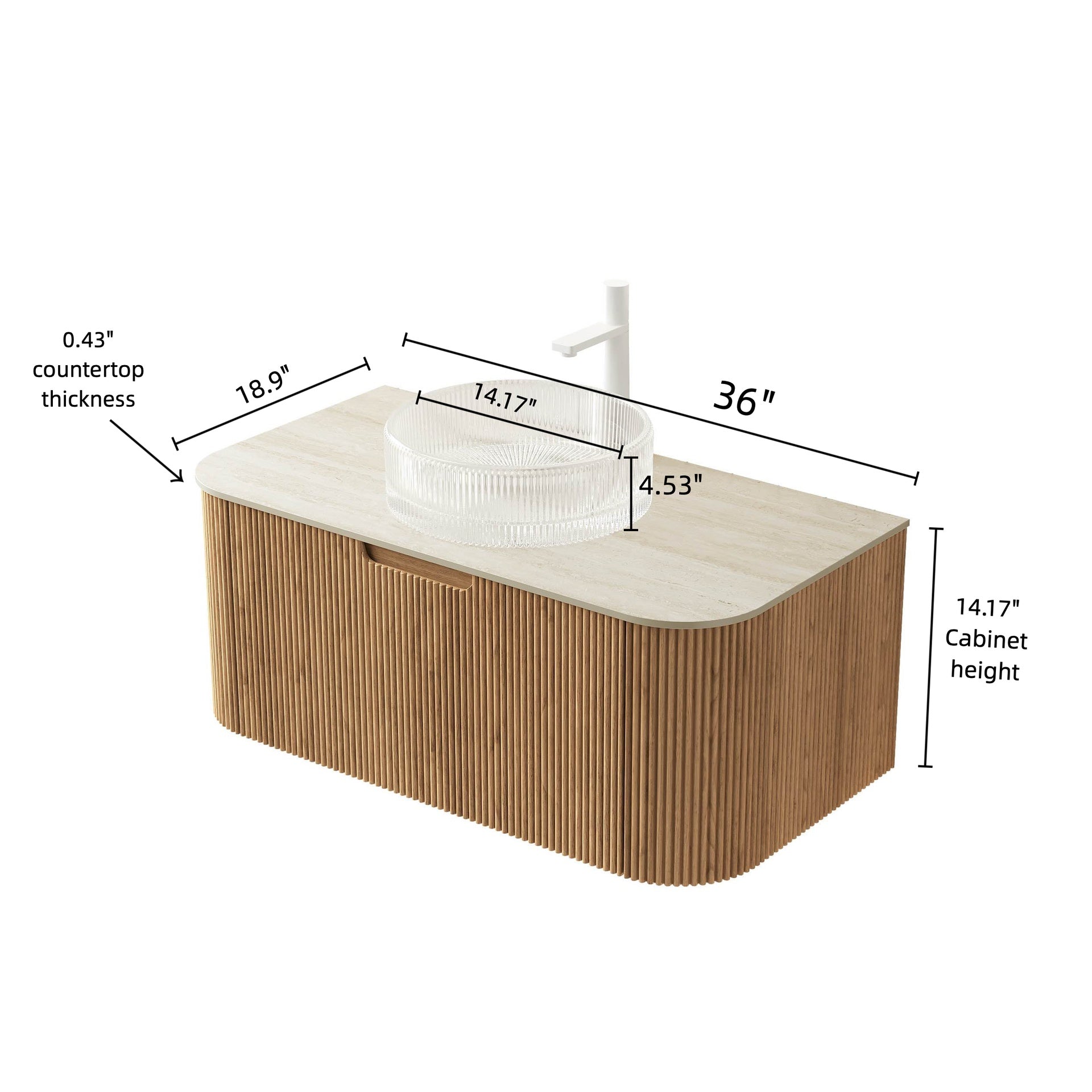 DINA 36" Bathroom Vanity&Sink, Floating Curved Edges Striped Storage Cabinet with Drawer, Transparent Round Glass Basin&Travertine-Pattern Sintered Stone Top, Pre-assembled, Natural Woodgrain Color