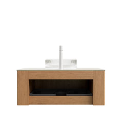 DINA 36" Bathroom Vanity&Sink, Floating Curved Edges Striped Storage Cabinet with Drawer, Transparent Round Glass Basin&Travertine-Pattern Sintered Stone Top, Pre-assembled, Natural Woodgrain Color