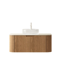 DINA 36" Bathroom Vanity&Sink, Floating Curved Edges Striped Storage Cabinet with Drawer, Transparent Round Glass Basin&Travertine-Pattern Sintered Stone Top, Pre-assembled, Natural Woodgrain Color