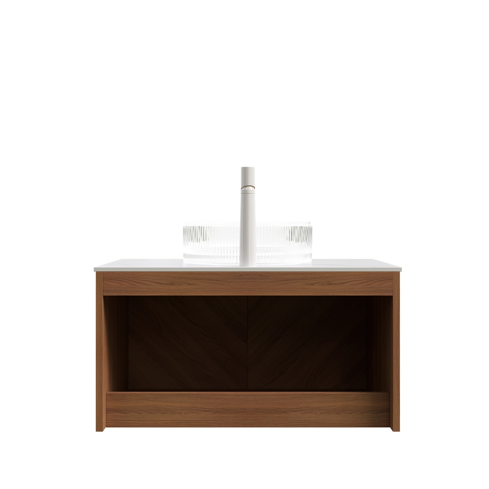 RUBEN 30" Bathroom Vanity&Sink, Floating Plywood Storage Cabinet, Twill Double Doors with Metal Trim, Transparent Round Glass Vessl Basin&Carrara White Sintered Stone Top, Brown Oak Woodgrain Color