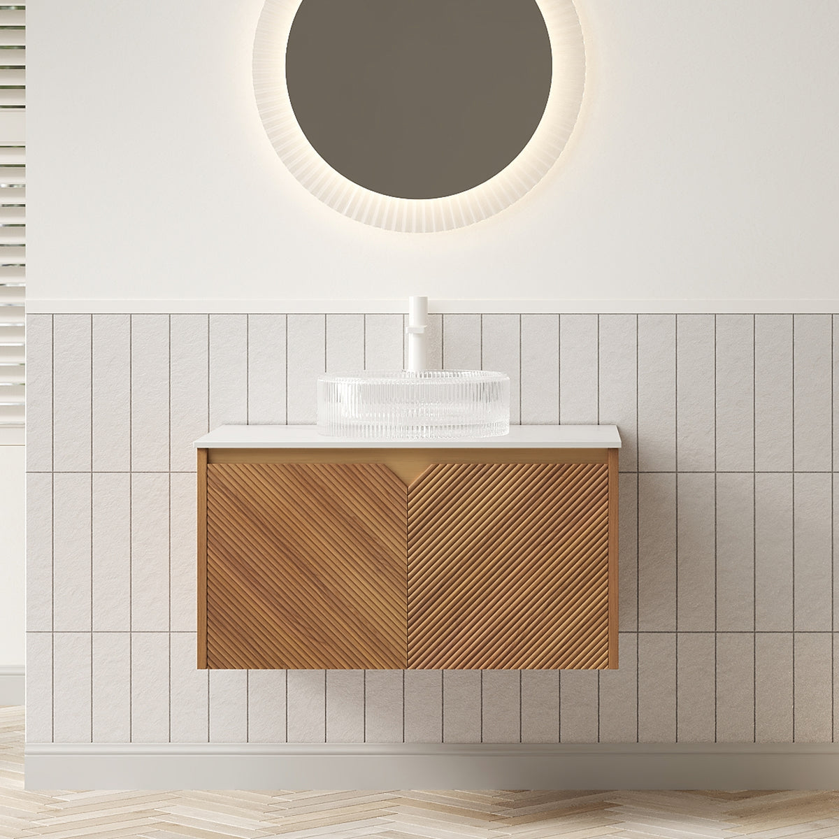 RUBEN 30" Bathroom Vanity&Sink, Floating Plywood Storage Cabinet, Twill Double Doors with Metal Trim, Transparent Round Glass Vessl Basin&Carrara White Sintered Stone Top, Brown Oak Woodgrain Color