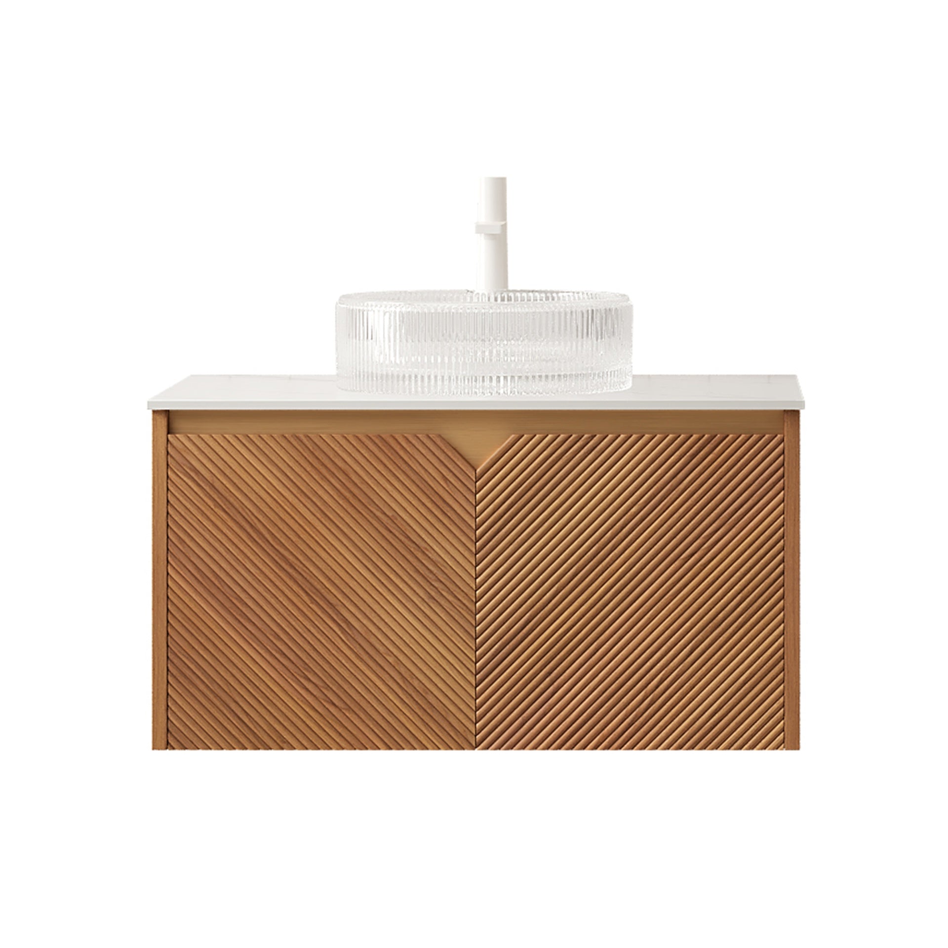 RUBEN 30" Bathroom Vanity&Sink, Floating Plywood Storage Cabinet, Twill Double Doors with Metal Trim, Transparent Round Glass Vessl Basin&Carrara White Sintered Stone Top, Brown Oak Woodgrain Color