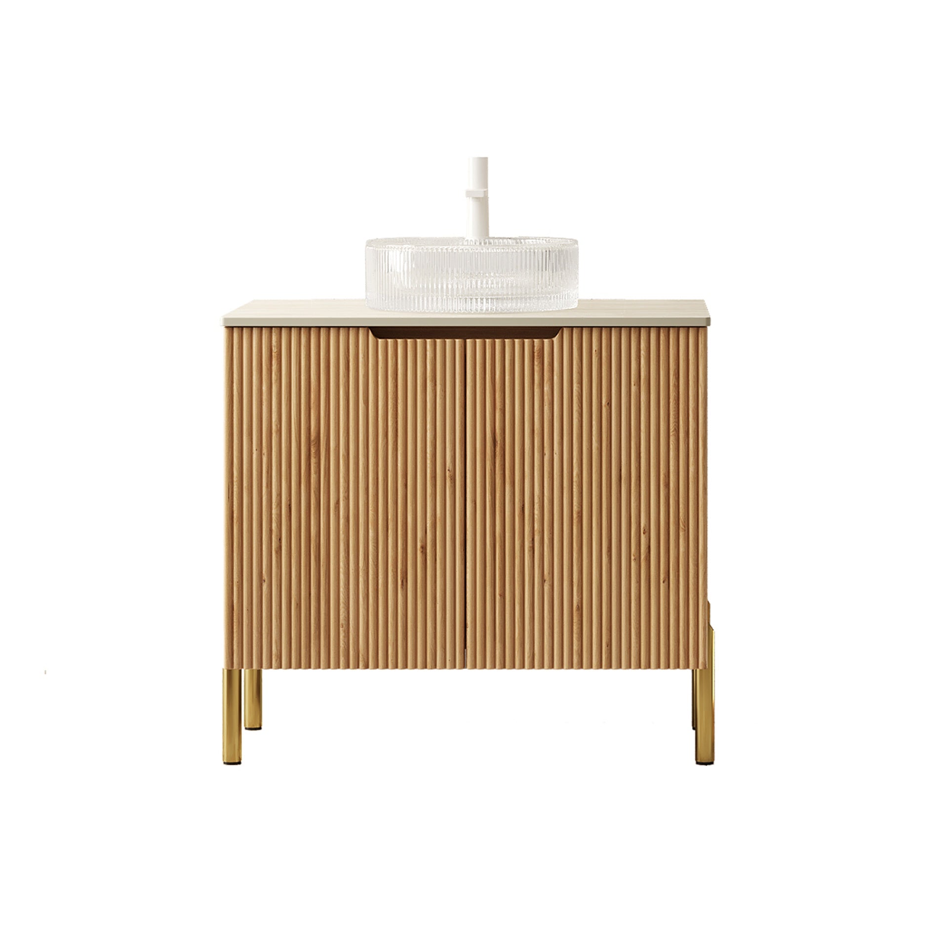 TURIO 30" Bathroom Vanity&Sink, Freestanding Plywood Storage Cabinet with 2 Doors, Transparent Round Glass Basin with Stone Pattern&Roma Travertine Sintered Stone Counter Top, Woodgrain Color