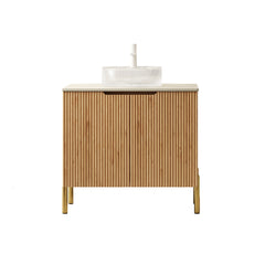 TURIO 30" Bathroom Vanity&Sink, Freestanding Plywood Storage Cabinet with 2 Doors, Transparent Round Glass Basin with Stone Pattern&Roma Travertine Sintered Stone Counter Top, Woodgrain Color
