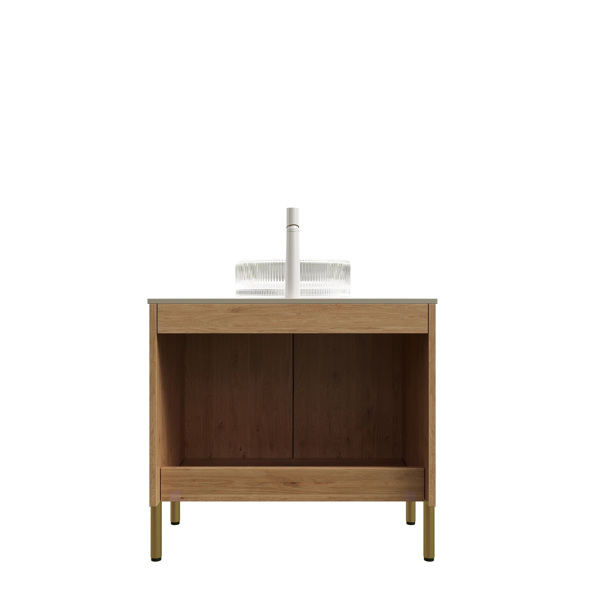TURIO 30" Bathroom Vanity&Sink, Freestanding Plywood Storage Cabinet with 2 Doors, Transparent Round Glass Basin with Stone Pattern&Roma Travertine Sintered Stone Counter Top, Woodgrain Color