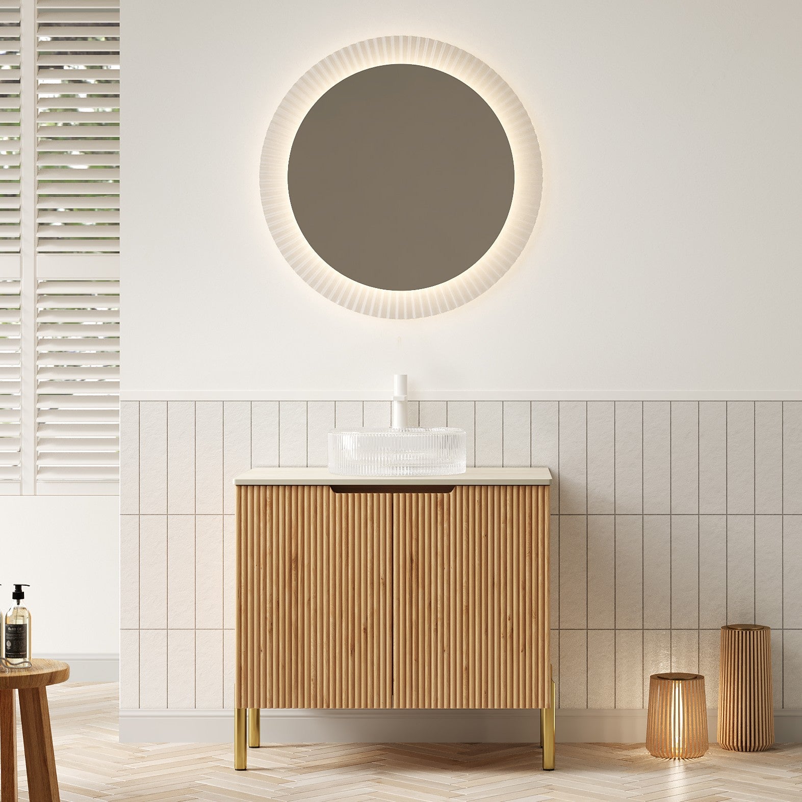 TURIO 30" Bathroom Vanity&Sink, Freestanding Plywood Storage Cabinet with 2 Doors, Transparent Round Glass Basin with Stone Pattern&Roma Travertine Sintered Stone Counter Top, Woodgrain Color