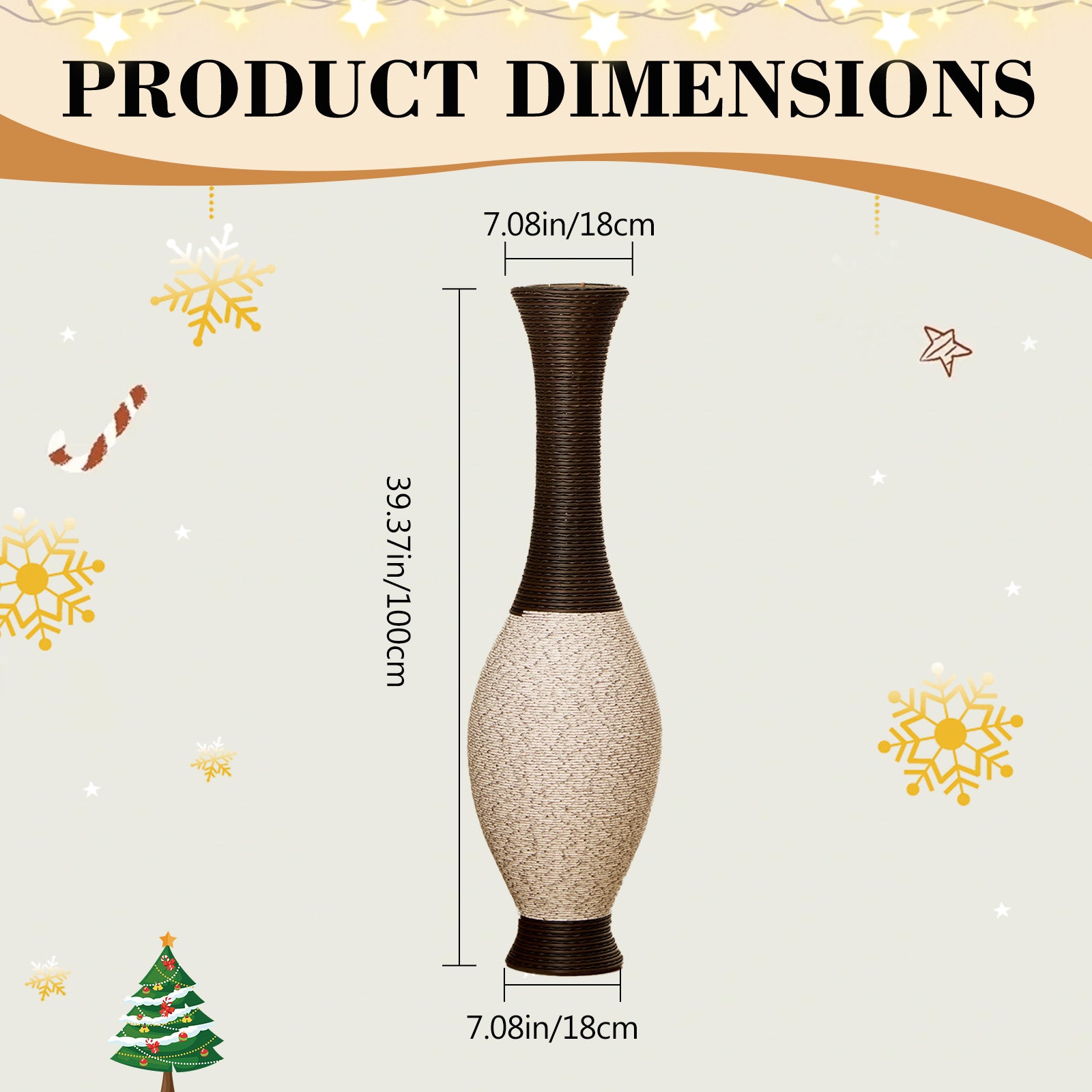 Hand-Woven PVC Rattan Look Floor Vase, 39.37 Inch Tall Decorative Vase for Home Decor, Brown & Beige Two-Tone Farmhouse Vase for Living Room, Christmas Holiday Decor