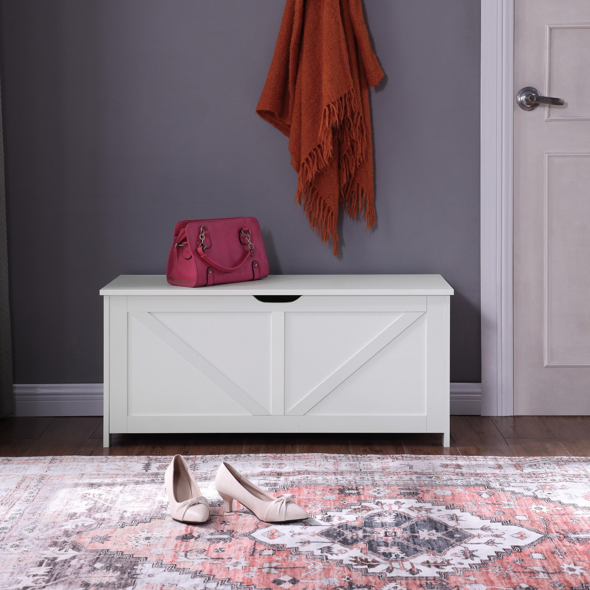 Storage Chest,Storage Bench,Retro Toy Box Organizer ,Entryway Storage Bench with 2 Hinges,Easy Assembly,White