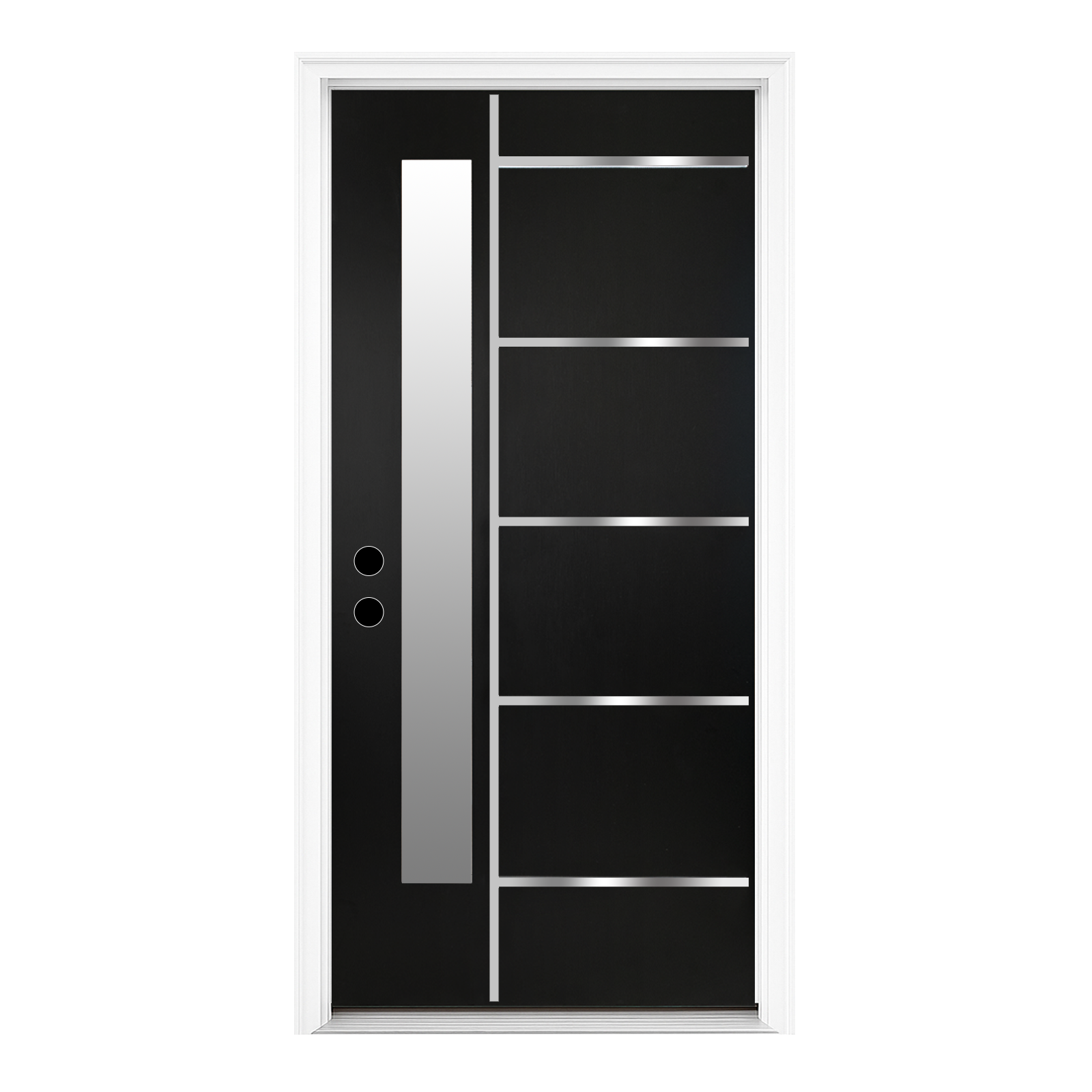 36 x 80 Textured Finished Fiberglass Door with Brickmould, Double-sided Frosted Glass Modern Style for Home's Front Door, 4-9/16 Vinyl Frame, Right Hand Inswing Black Knock-Down Door With Metal Strip