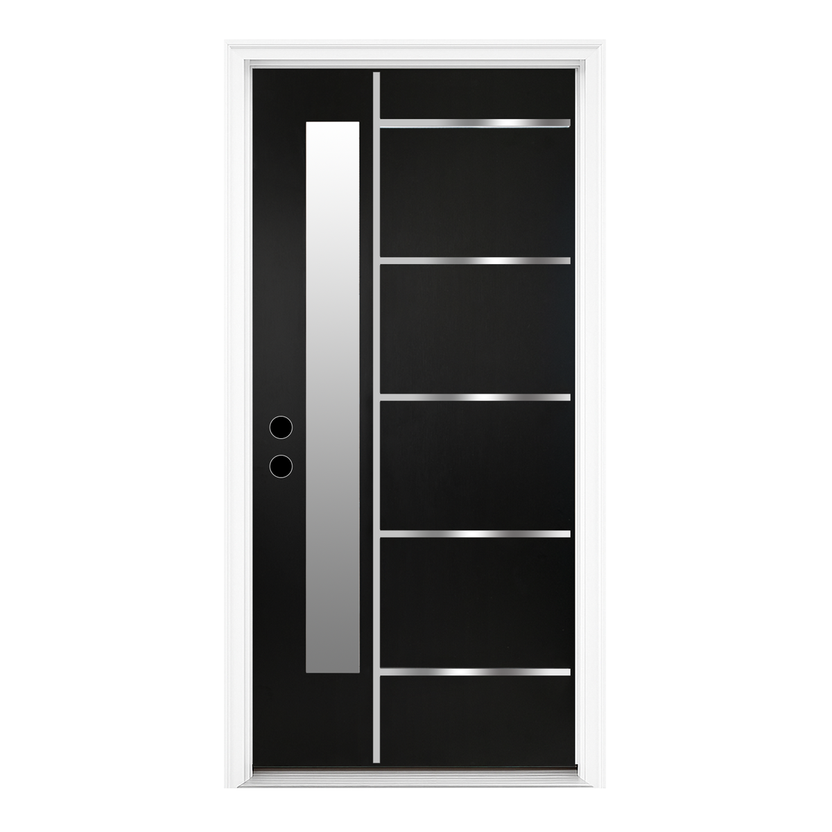 36 x 80 Textured Finished Fiberglass Door with Brickmould, Double-sided Frosted Glass Modern Style for Home's Front Door, 4-9/16 Vinyl Frame, Right Hand Inswing Black Knock-Down Door With Metal Strip