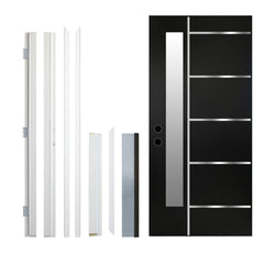 36 x 80 Textured Finished Fiberglass Door with Brickmould, Double-sided Frosted Glass Modern Style for Home's Front Door, 4-9/16 Vinyl Frame, Right Hand Inswing Black Knock-Down Door With Metal Strip