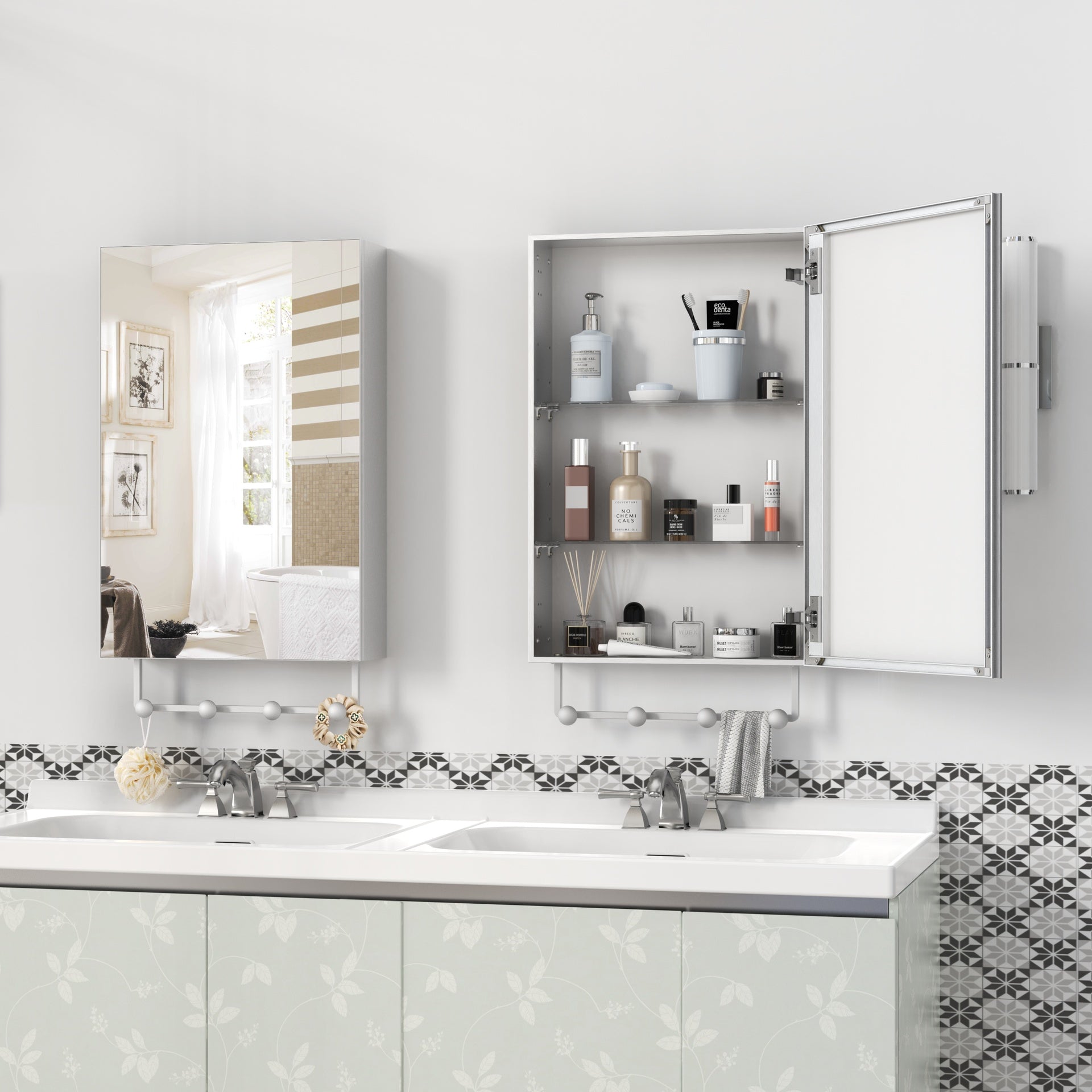 16'' x 24'' Medicine Cabinet with Mirror for Bathroom, Wall Mounted Bathroom Mirror with Storage, Adjustable Shelves, Aluminum Framework, Surface Mount Silver