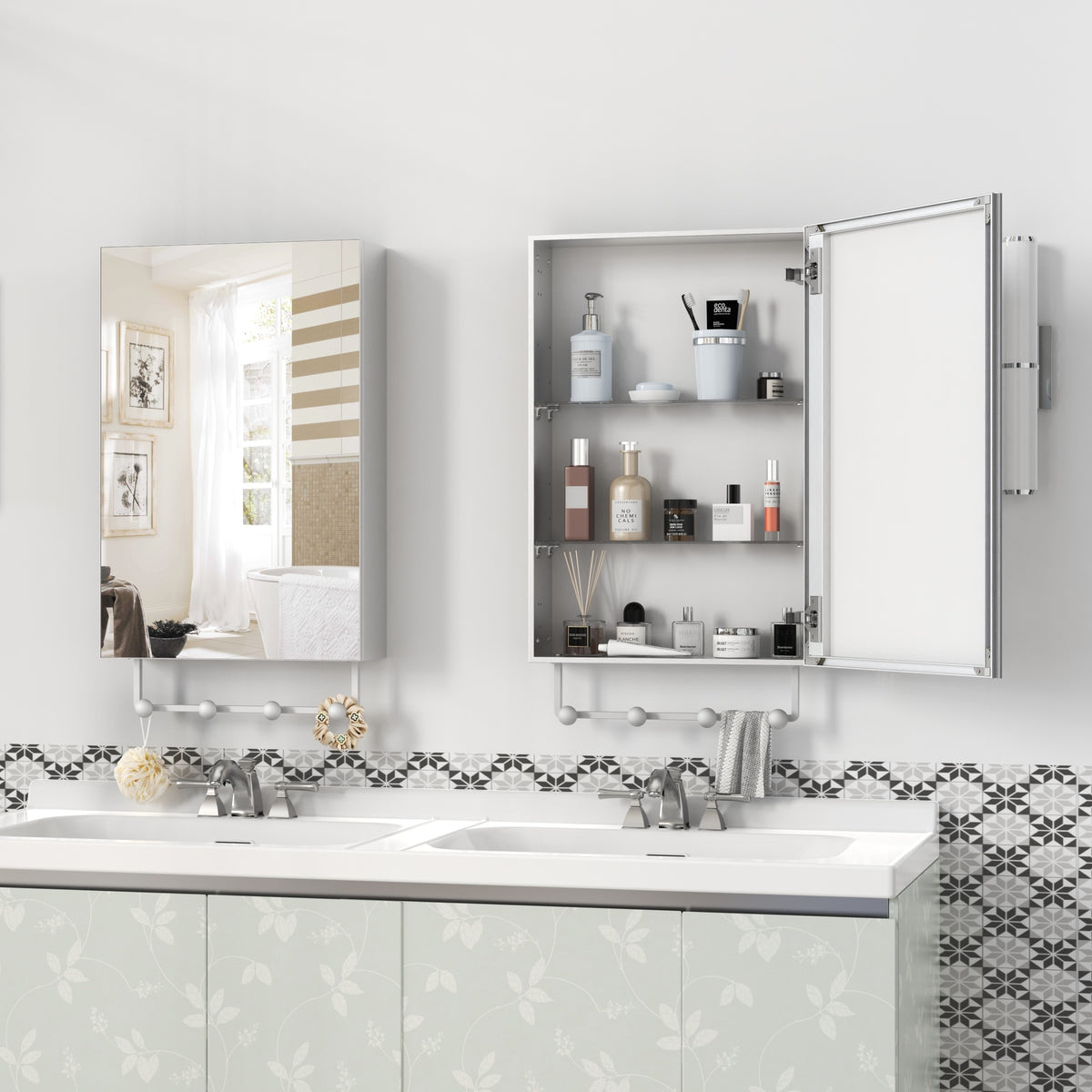 16'' x 24'' Medicine Cabinet with Mirror for Bathroom, Wall Mounted Bathroom Mirror with Storage, Adjustable Shelves, Aluminum Framework, Surface Mount Silver