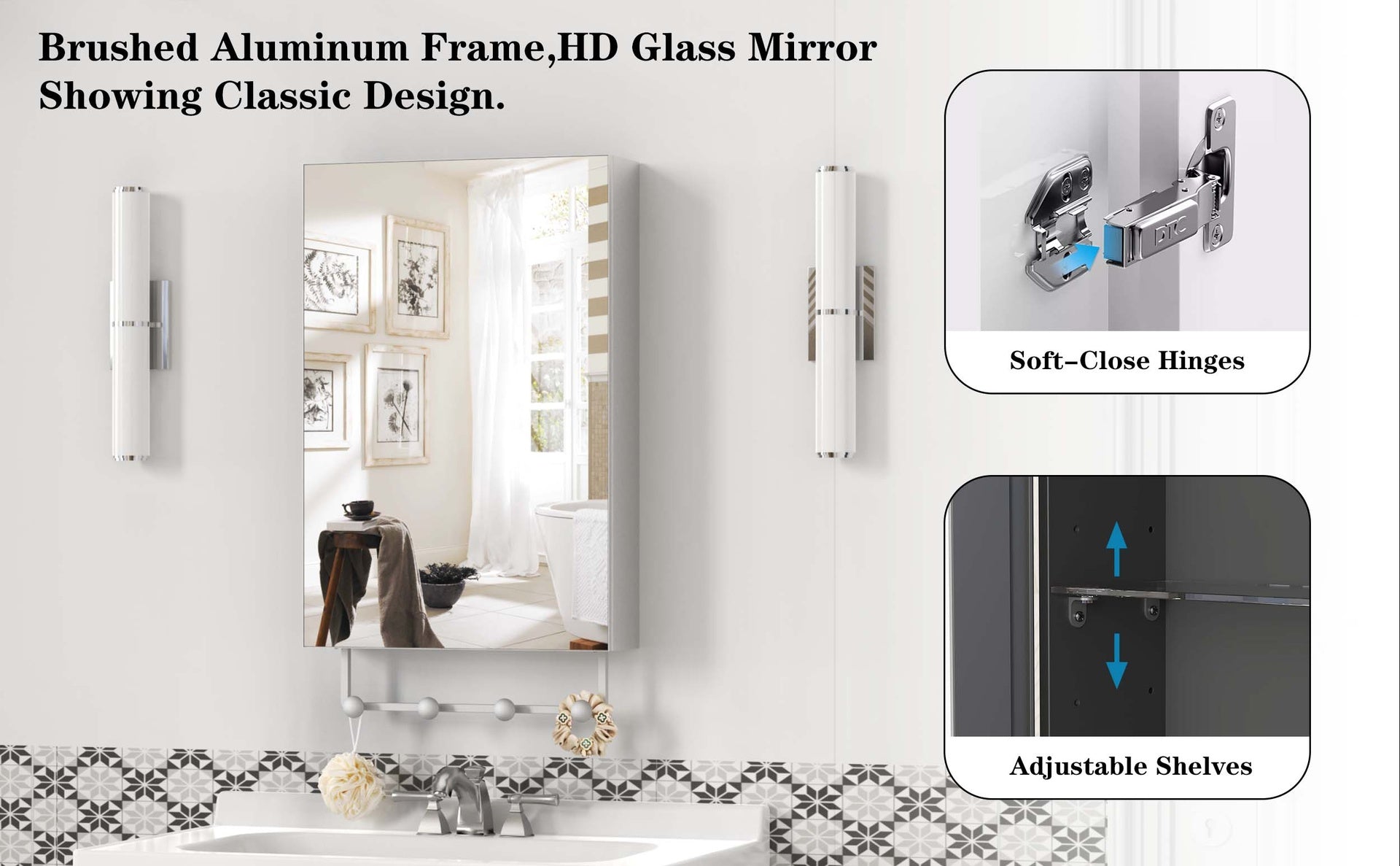 16'' x 24'' Medicine Cabinet with Mirror for Bathroom, Wall Mounted Bathroom Mirror with Storage, Adjustable Shelves, Aluminum Framework, Surface Mount Silver