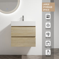 24" Wall-Mounted Bathroom Vanity With Resin Sink, 2-Soft Close Drawers, KD-Package