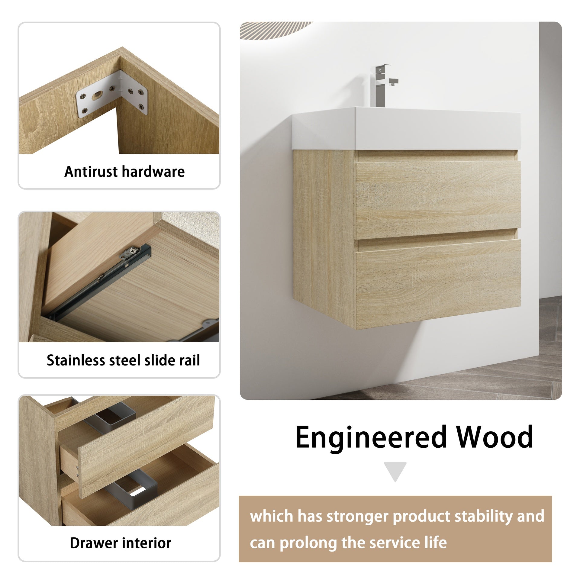 24" Wall-Mounted Bathroom Vanity With Resin Sink, 2-Soft Close Drawers, KD-Package
