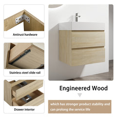 24" Wall-Mounted Bathroom Vanity With Resin Sink, 2-Soft Close Drawers, KD-Package