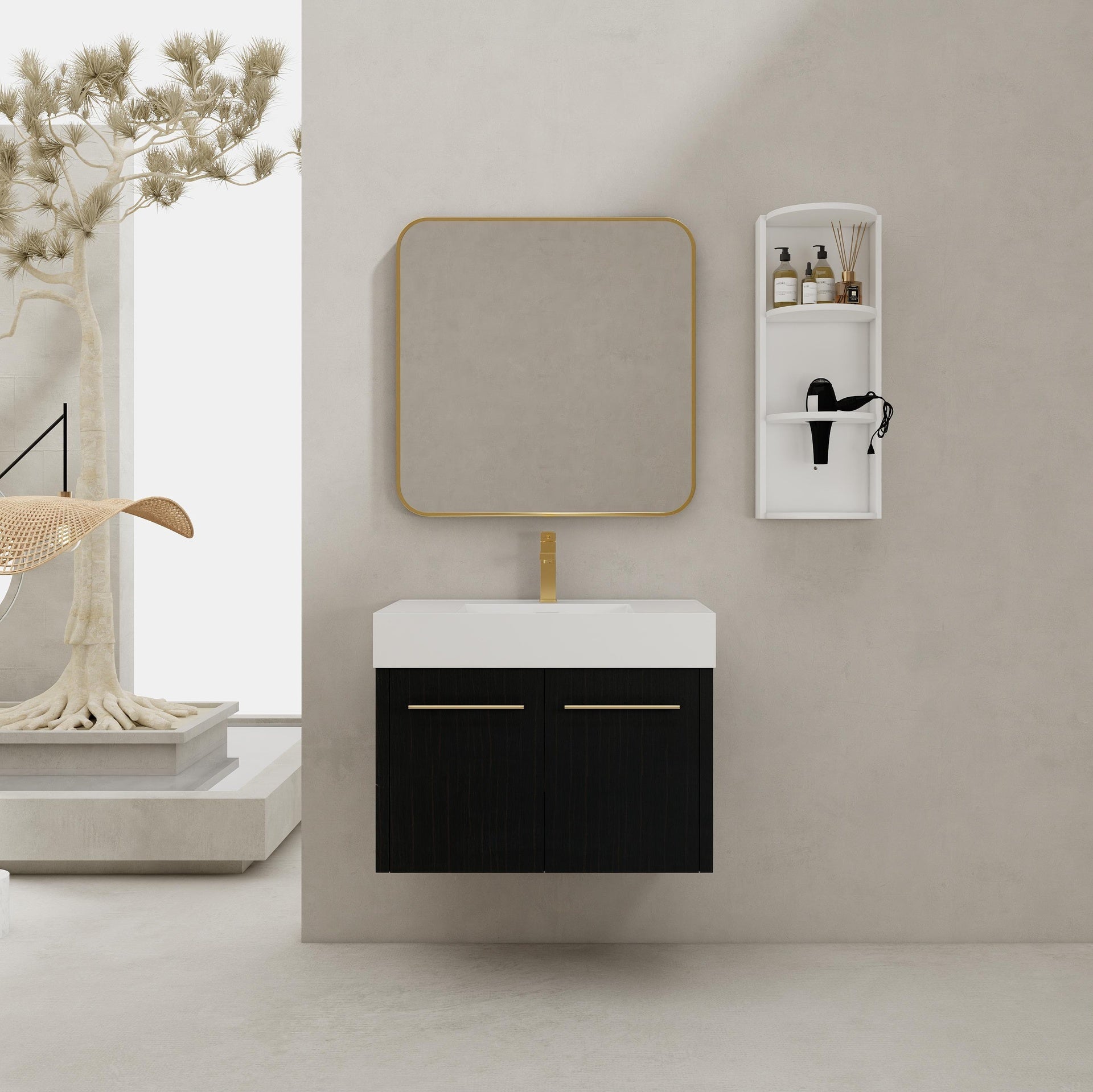 30 Inch Wall-Mounted Bathroom Vanity with Sink and Storage Rack, Thick Edged Resin Basin, KD-Package