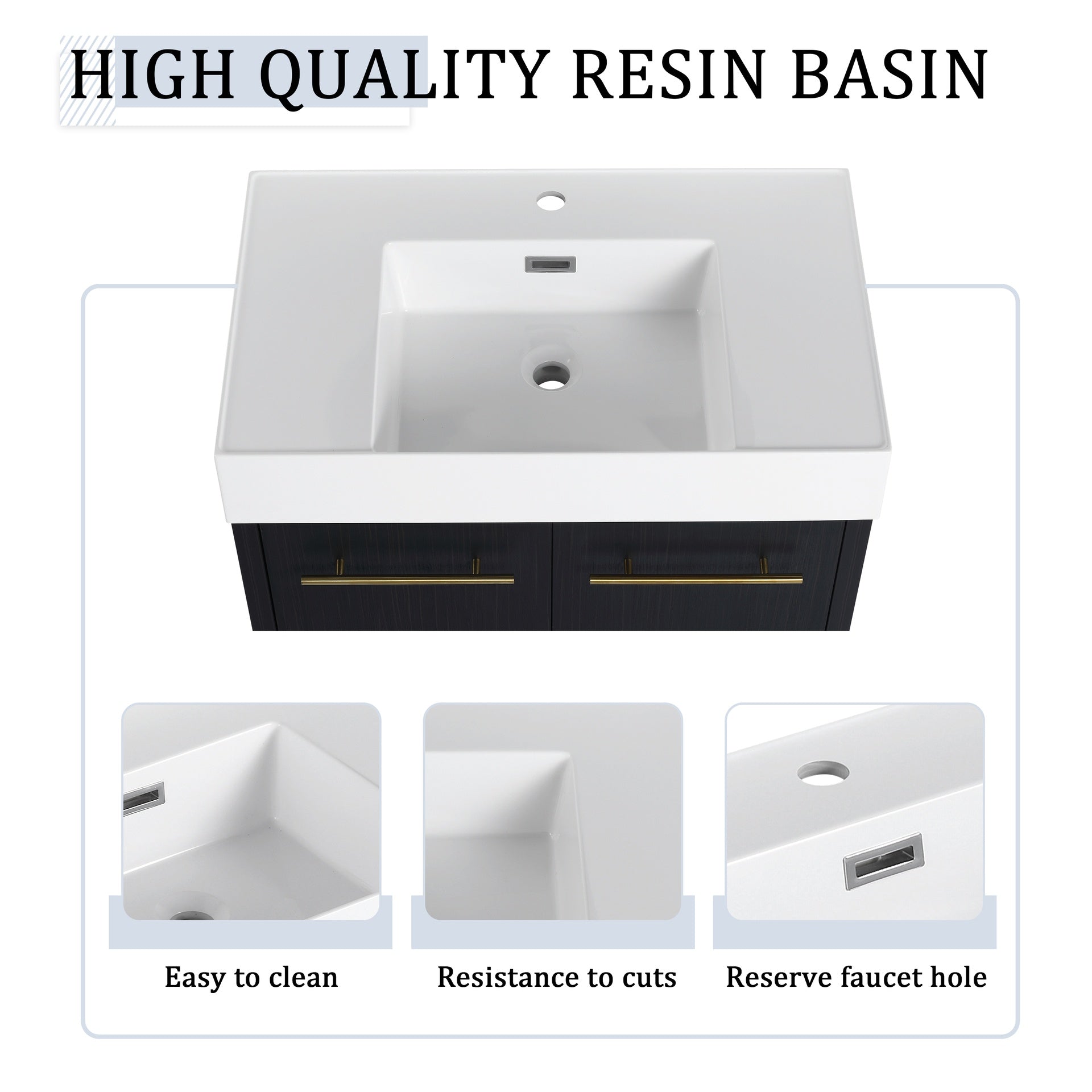 30 Inch Wall-Mounted Bathroom Vanity with Sink and Storage Rack, Thick Edged Resin Basin, KD-Package