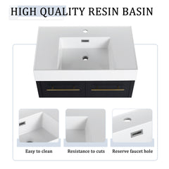 30 Inch Wall-Mounted Bathroom Vanity with Sink and Storage Rack, Thick Edged Resin Basin, KD-Package