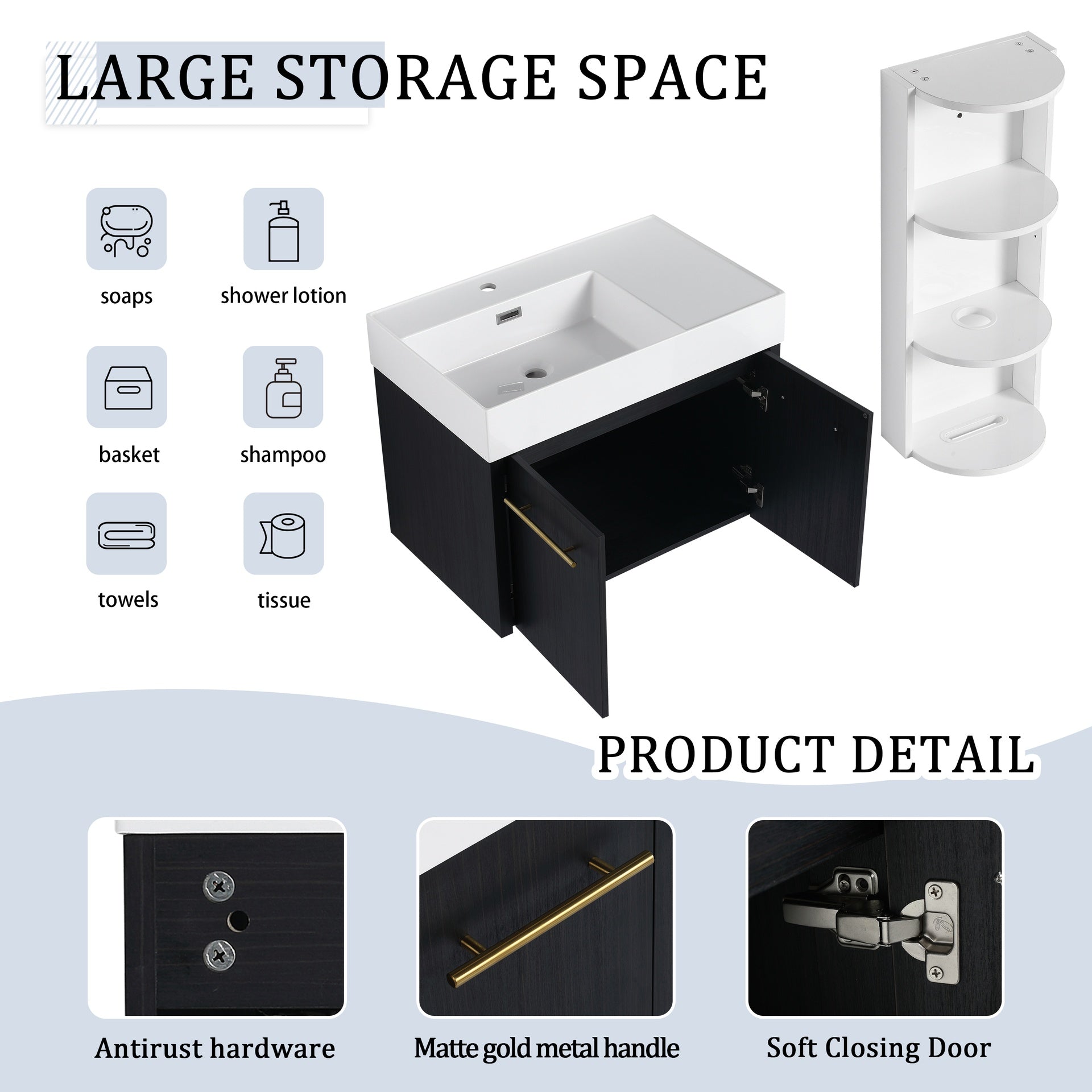 30 Inch Wall-Mounted Bathroom Vanity with Sink and Storage Rack, Thick Edged Resin Left Basin, KD-Package