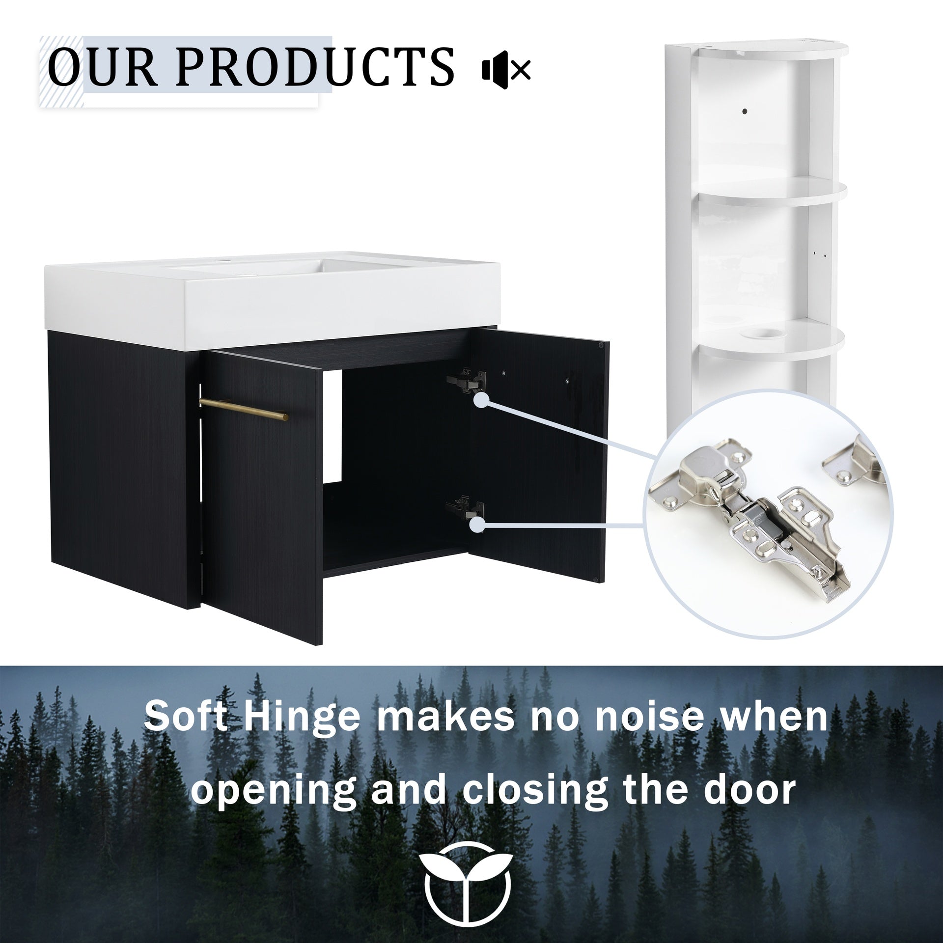 30 Inch Wall-Mounted Bathroom Vanity with Sink and Storage Rack, Thick Edged Resin Left Basin, KD-Package