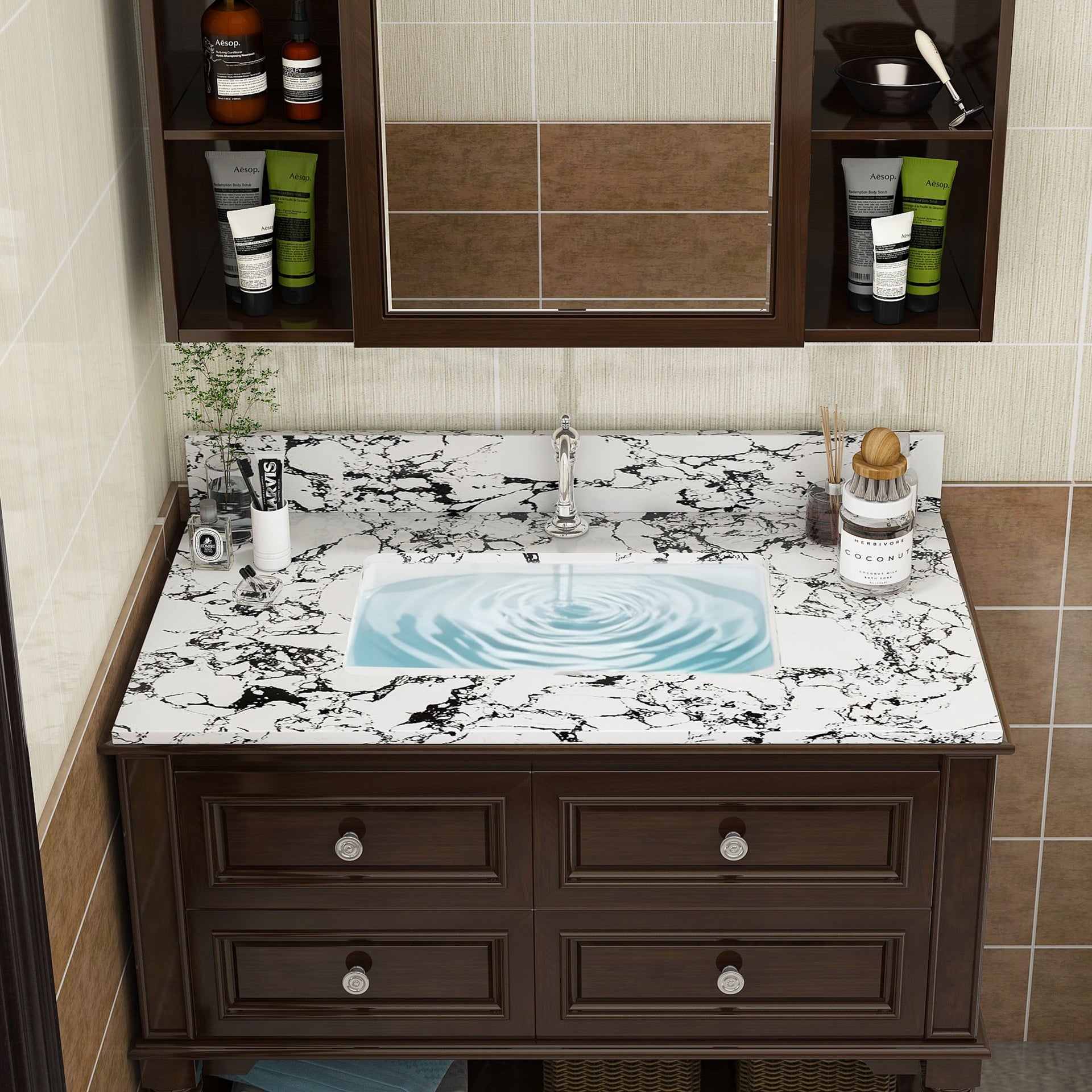 37"x22" Bathroom Vanity Top, with Undermount Ceramic Sink and Backsplash, artificial marble Bathroom Vanity Top with 1 Pre-Drilled Hole, New Carrara white and black( only Bathroom Vanity Top )