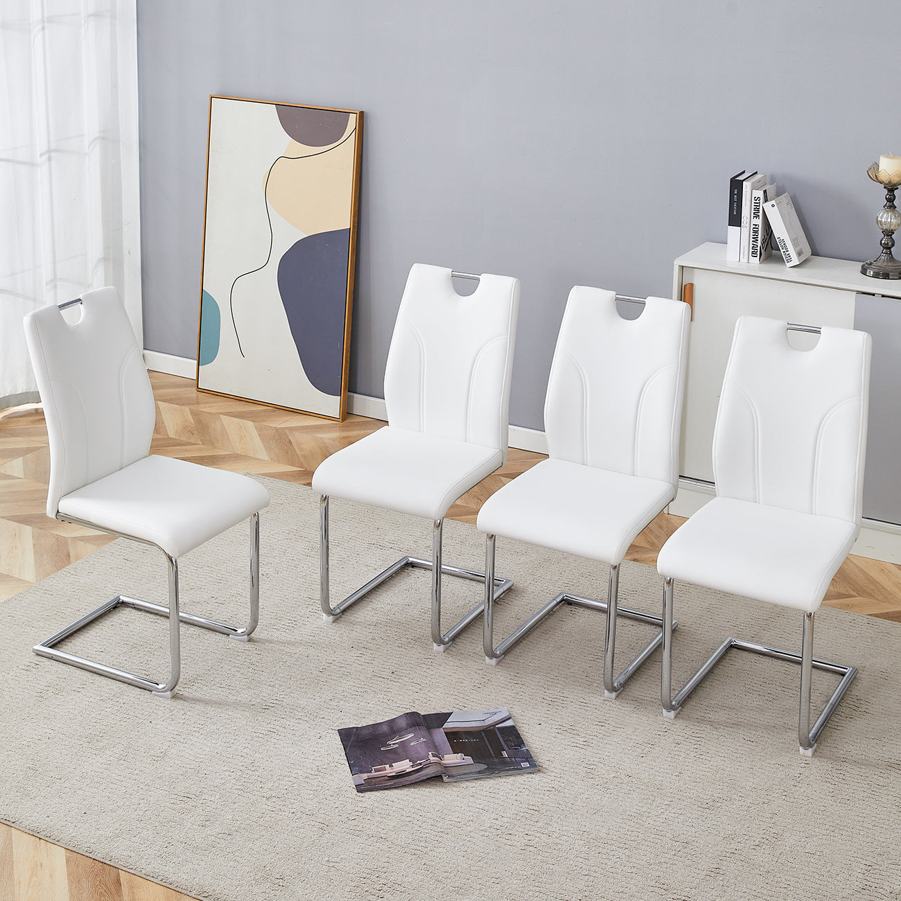 Modern Dining Chairs with Faux Leather Padded Seat Dining Living Room Chairs Upholstered Chair with Chrome Metal Legs Design for Kitchen, Living, Bedroom, Dining Room Side Chairs Set of 4