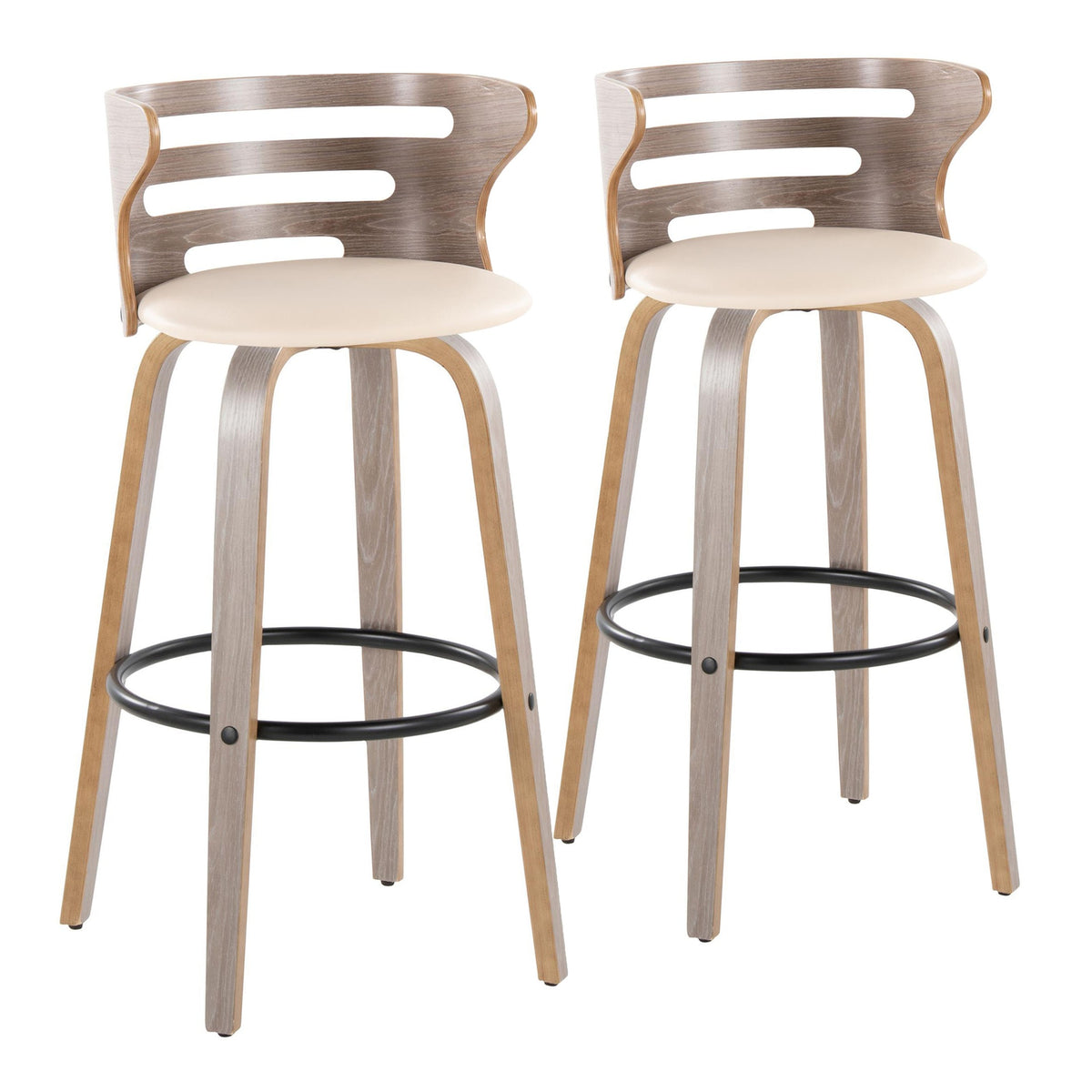 Cosini 30" Mid-Century Modern Fixed-Height Barstool with Swivel in Light Grey Wood and Cream Faux Leather with Round Black Metal Footrest by LumiSource - Set of 2