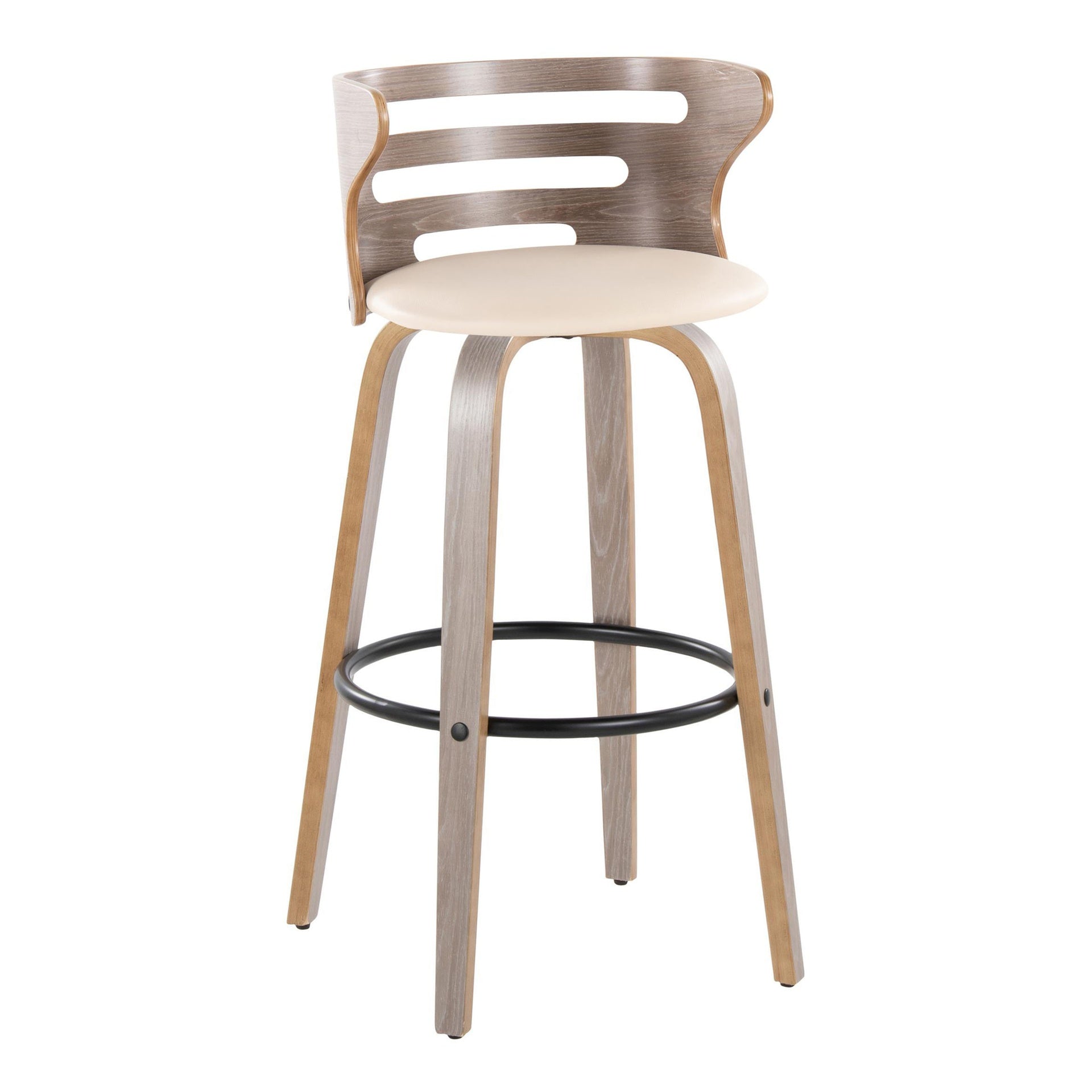 Cosini 30" Mid-Century Modern Fixed-Height Barstool with Swivel in Light Grey Wood and Cream Faux Leather with Round Black Metal Footrest by LumiSource - Set of 2