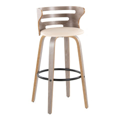 Cosini 30" Mid-Century Modern Fixed-Height Barstool with Swivel in Light Grey Wood and Cream Faux Leather with Round Black Metal Footrest by LumiSource - Set of 2