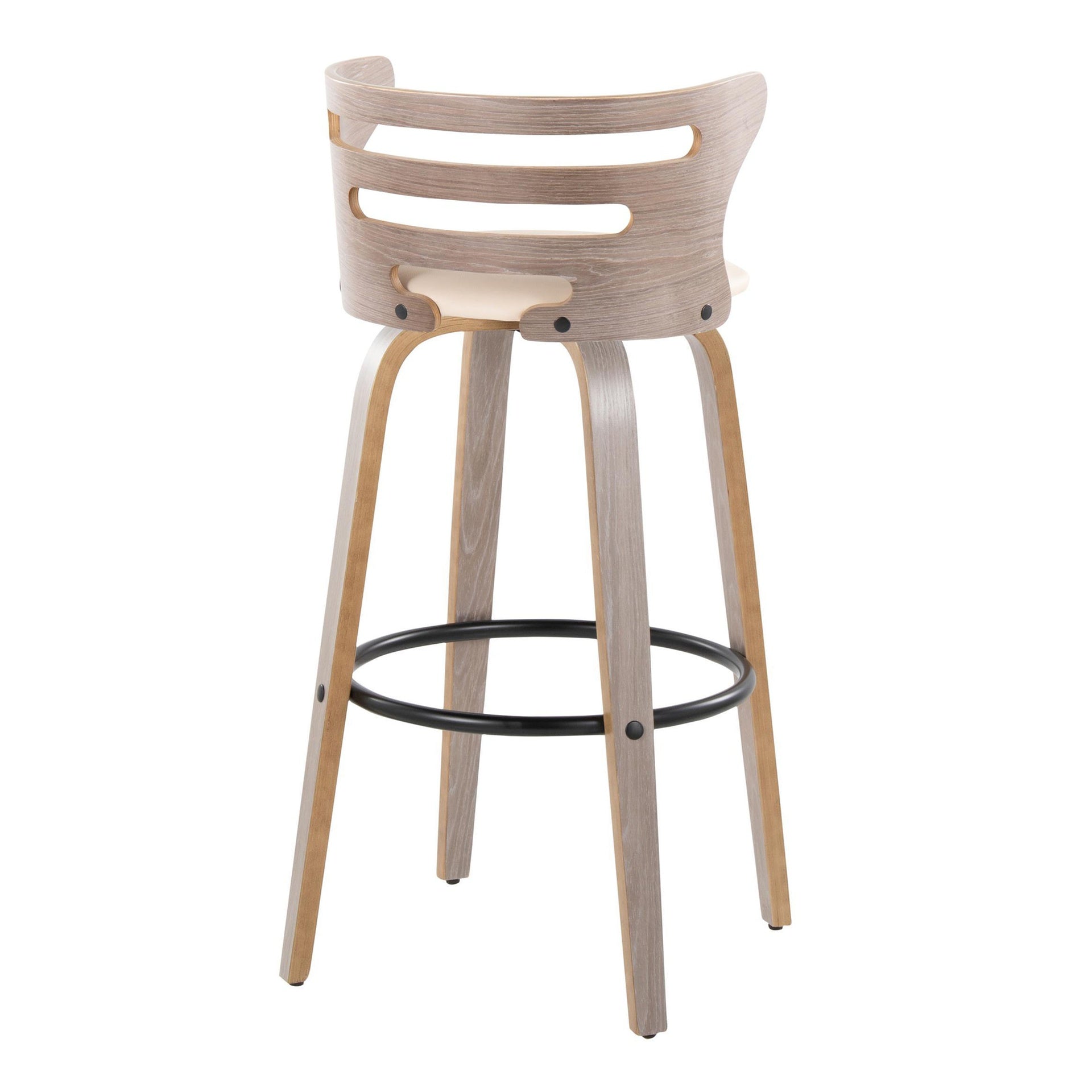 Cosini 30" Mid-Century Modern Fixed-Height Barstool with Swivel in Light Grey Wood and Cream Faux Leather with Round Black Metal Footrest by LumiSource - Set of 2