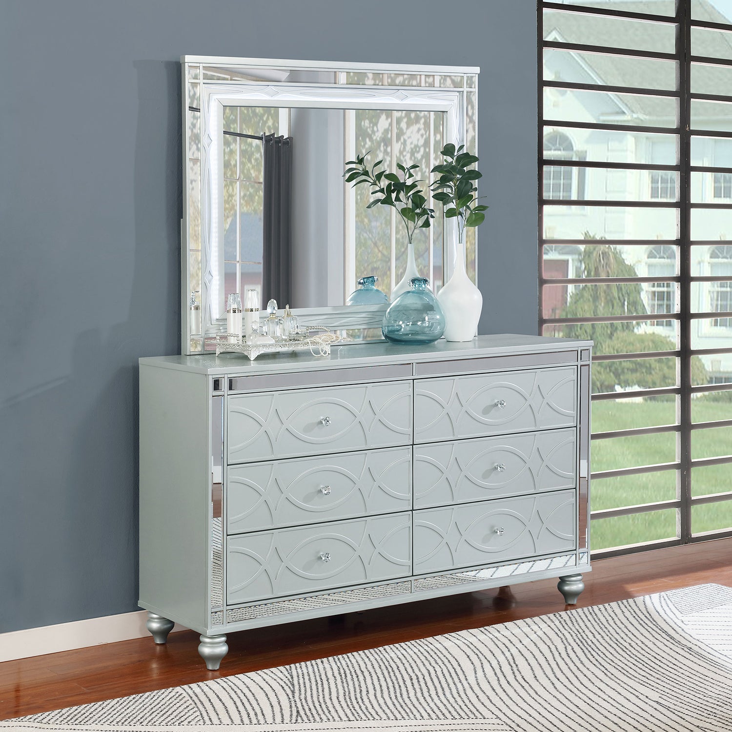 Arabesque Silver Metallic 6-drawer Dresser with Mirror