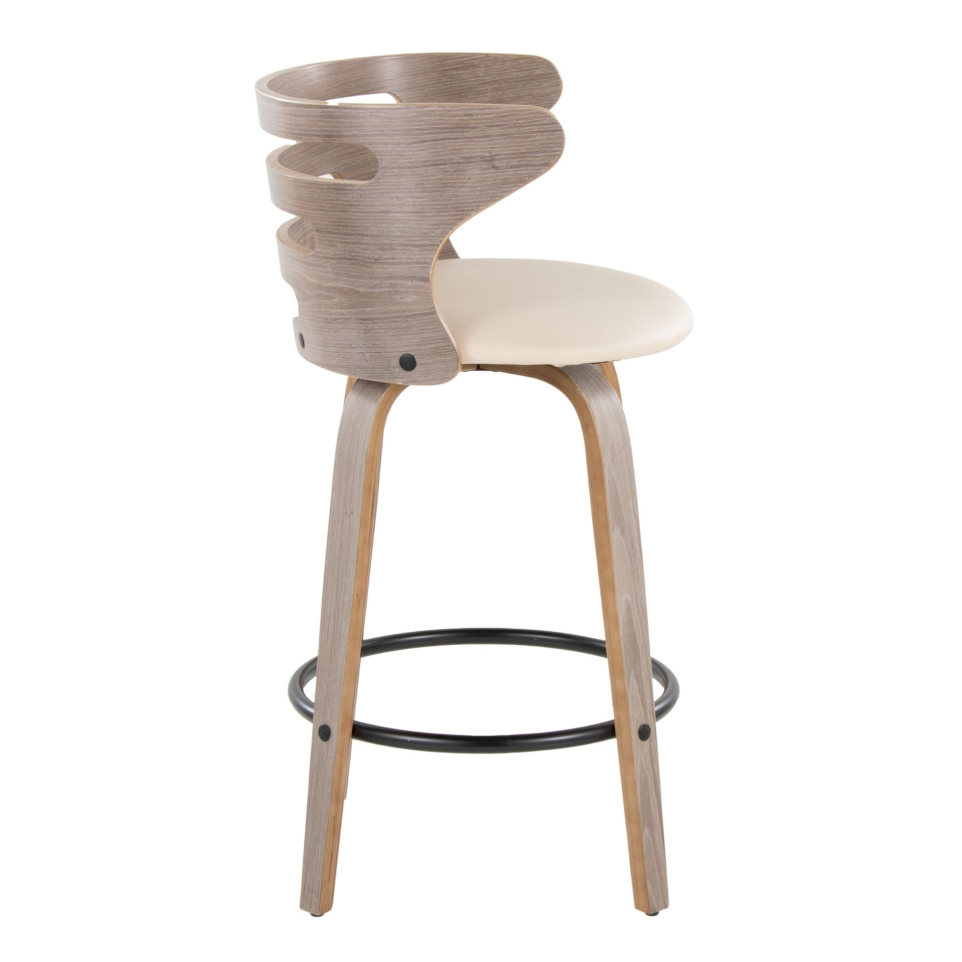 Cosini 26" Mid-Century Modern Fixed-Height Barstool with Swivel in Light Grey Wood and Cream Faux Leather with Round Black Metal Footrest by LumiSource - Set of 2