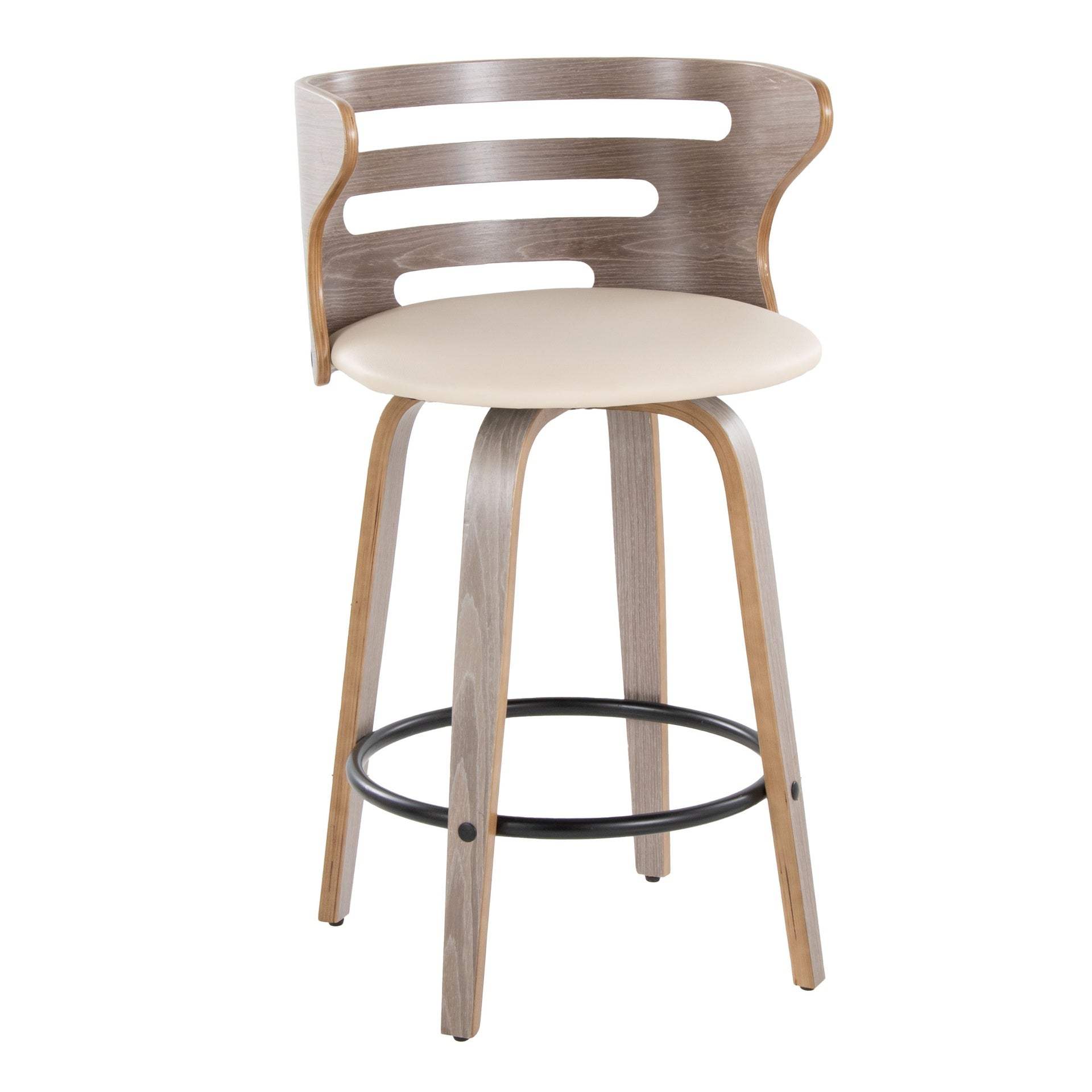Cosini 26" Mid-Century Modern Fixed-Height Barstool with Swivel in Light Grey Wood and Cream Faux Leather with Round Black Metal Footrest by LumiSource - Set of 2