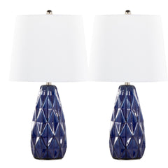 Hex 20" Contemporary Ceramic Accent Lamp in Estate Blue Ceramic, Polished Nickel and White Linen Shade from Grandview Gallery by LumiSource - Set of 2