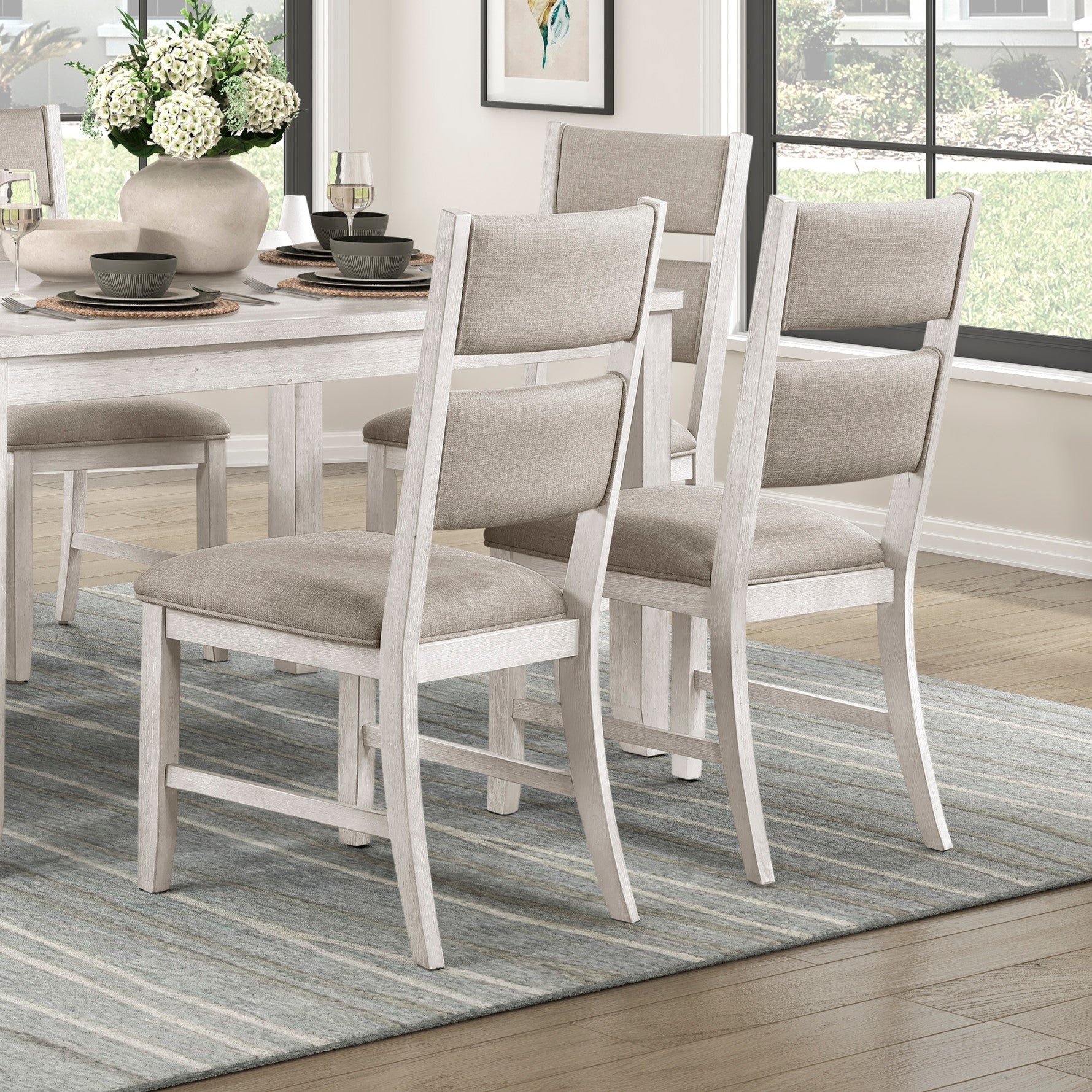 Modern Farmhouse Dining Side Chairs Set of 2 Antique White Finish Upholstered Seat Back Wooden Furniture