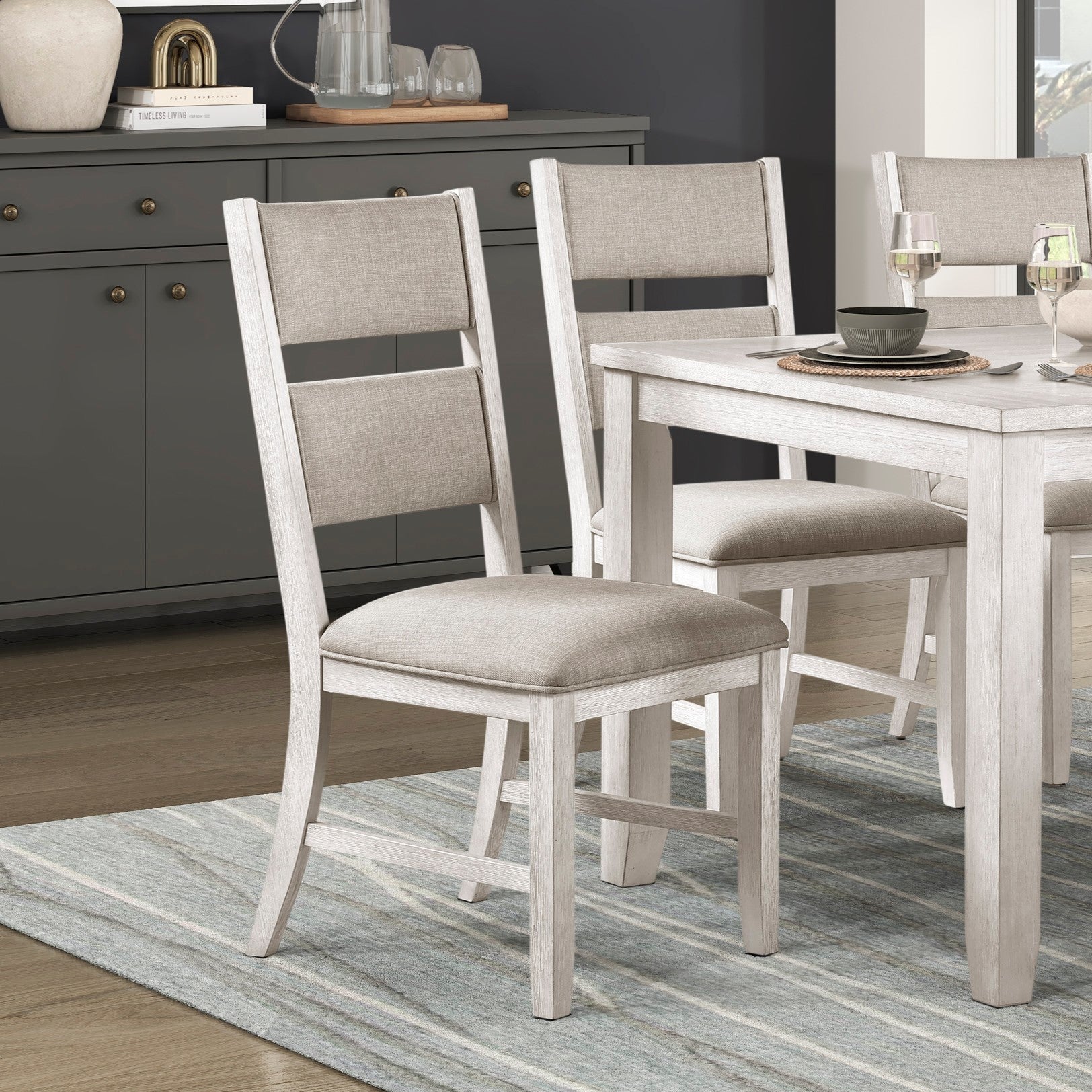 Modern Farmhouse Dining Side Chairs Set of 2 Antique White Finish Upholstered Seat Back Wooden Furniture